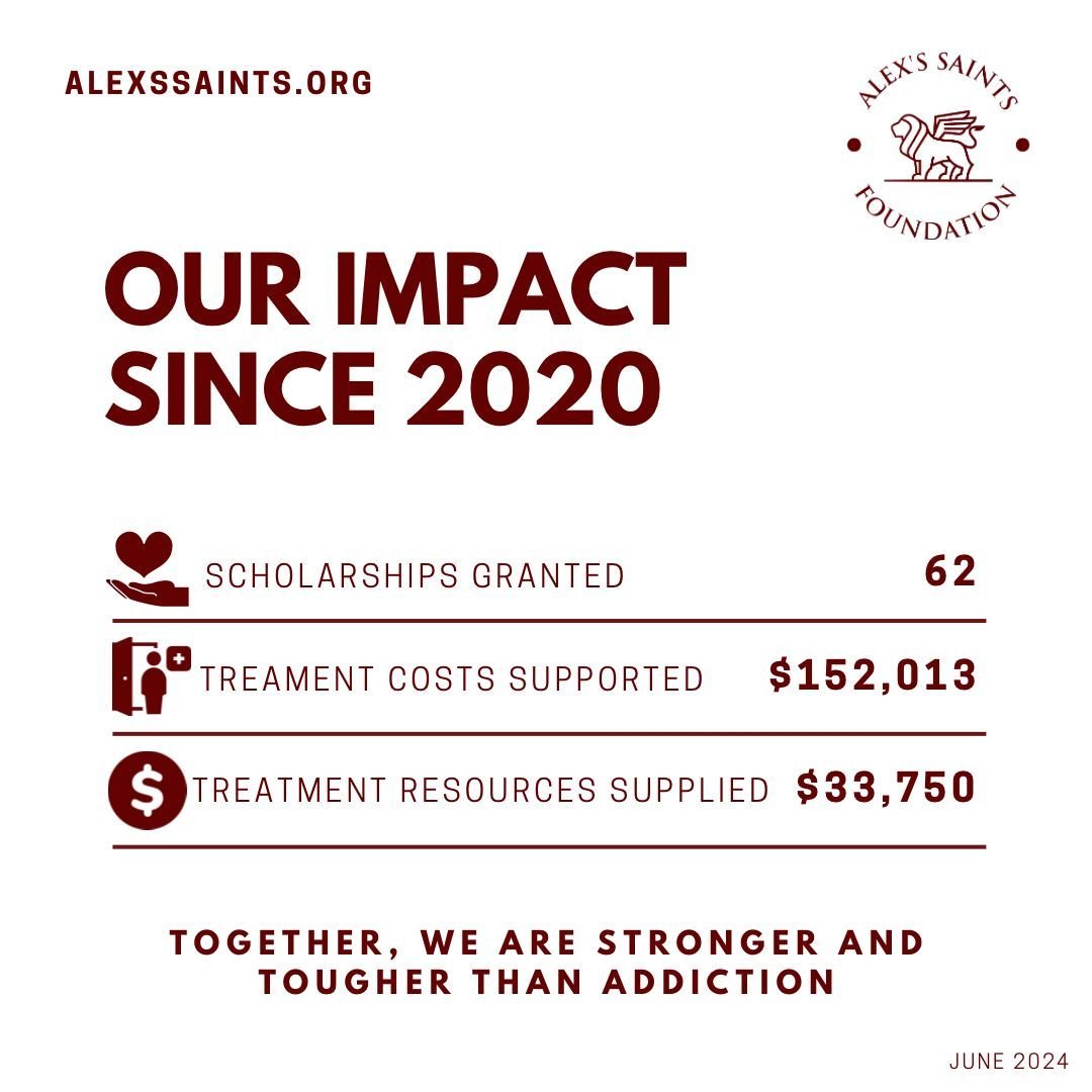 On June 1st, 2020, we launched our initiative to help others in situations like Alex's. The formation of Alex's Saints Foundation was driven by a personal connection to the late Alex St. Pierre, who passed away due to an accidental drug overdose the 
