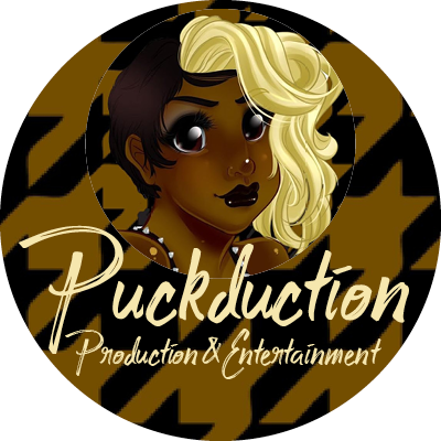 Puckducktion Productions & Entertainment logo: brown and black hounds tooth pattern behind a cartoon depiction of a femme with brown skin and brown and blonde hair and big eyes