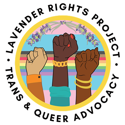 Lavender Rights Project logo: three fists with various skin tones are held in the air wearing assorted jewelry, cuffs, and nail polish. Rainbow background surrounded by light pink and blue. Garland of lavender toward the top of a yellow circle