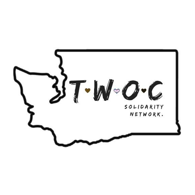 Trans Women of Color Solidarity Network logo: black outline of Washington state with initials TWOC in a script font with hearts between each letter, followed by the words "Solidarity Network" in black script