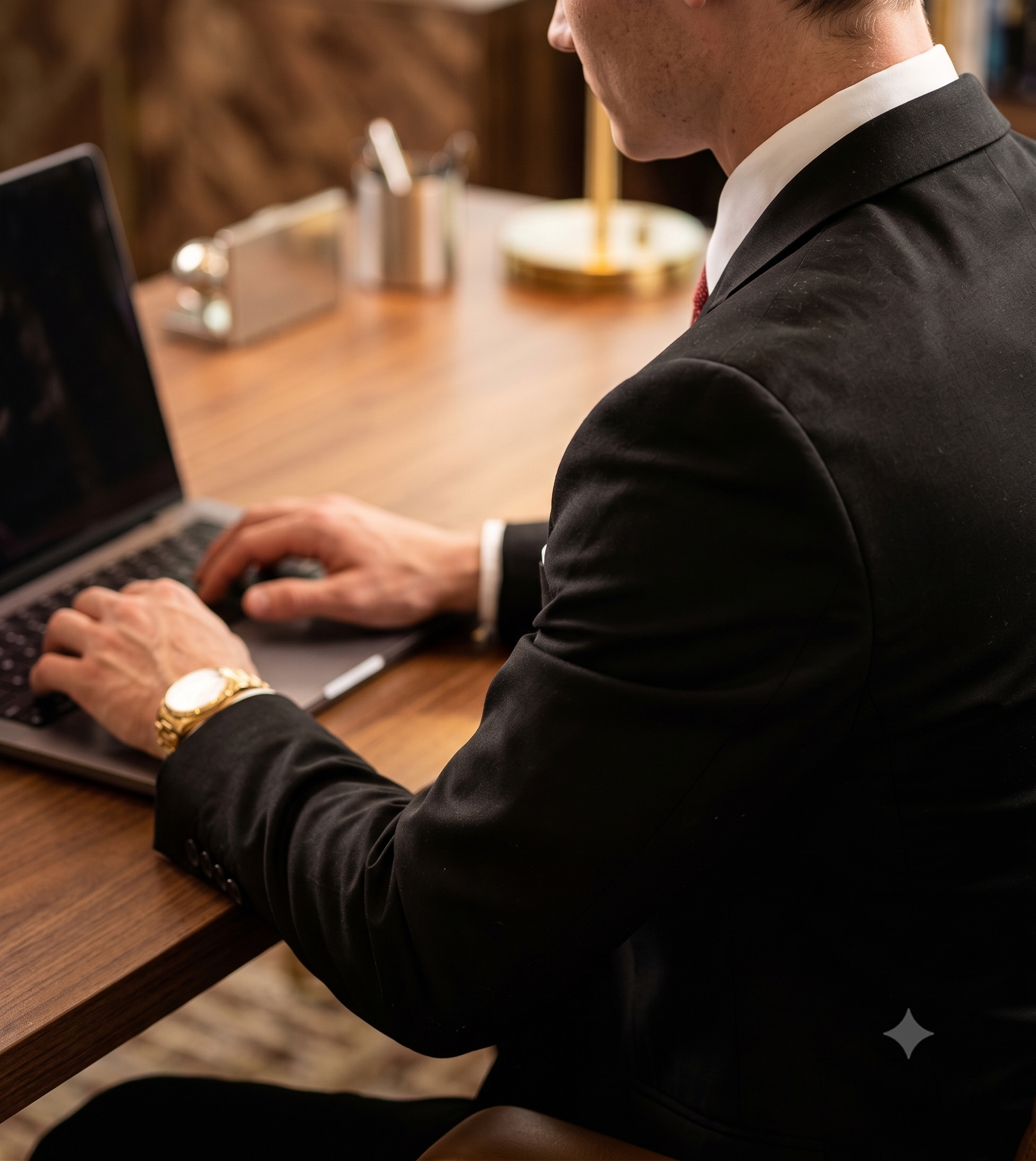 Close-up of a man in a black suit with a white shirt and red tie, typing on a laptop at a wooden desk. He is wearing a gold wristwatch. The background is blurred but shows office or library shelves.