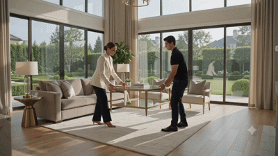 Two people exchanging a book in a living room with large windows, sofas, and a glass coffee table.