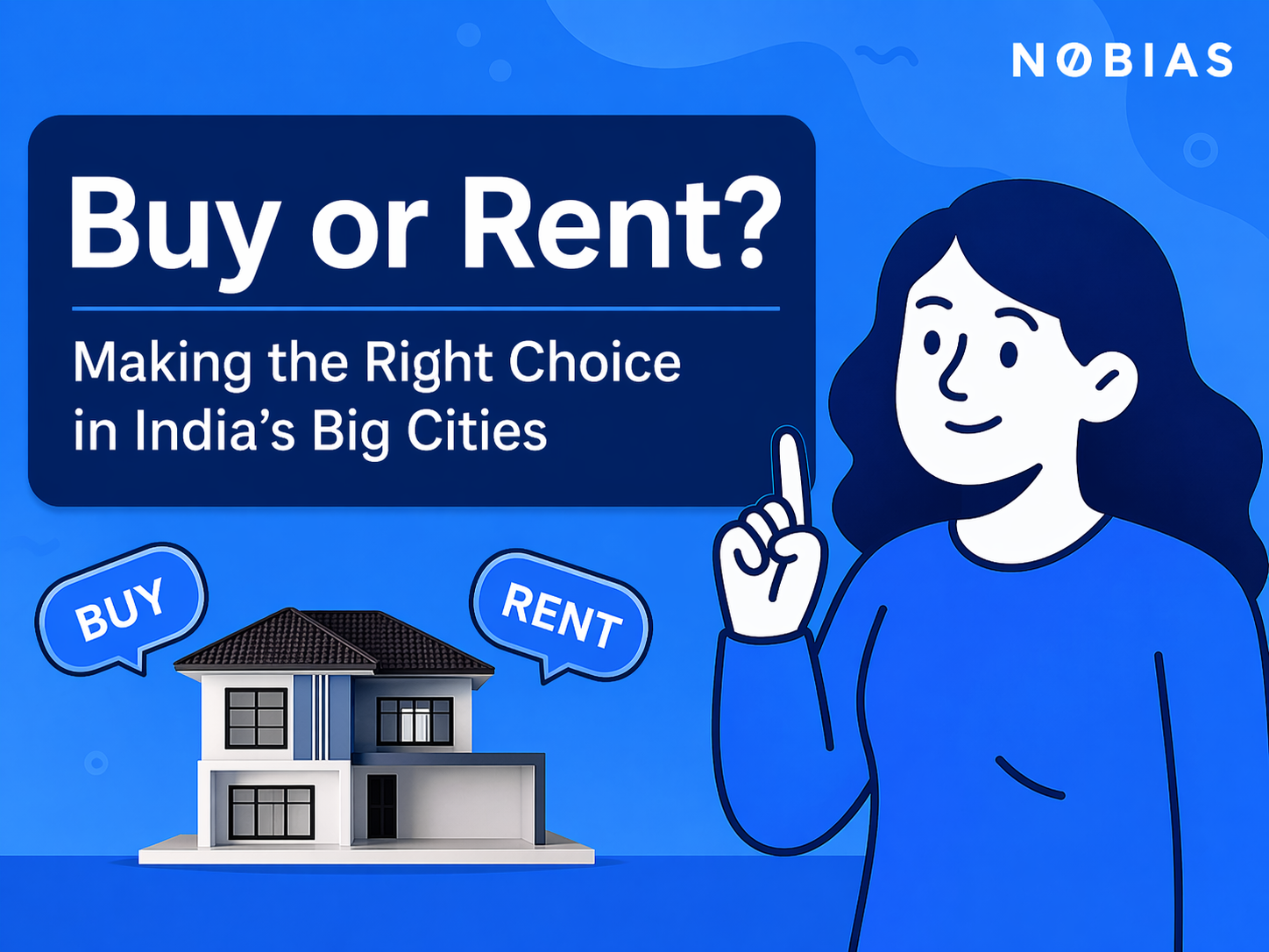 Illustration of a woman next to a house with buy and rent signs.