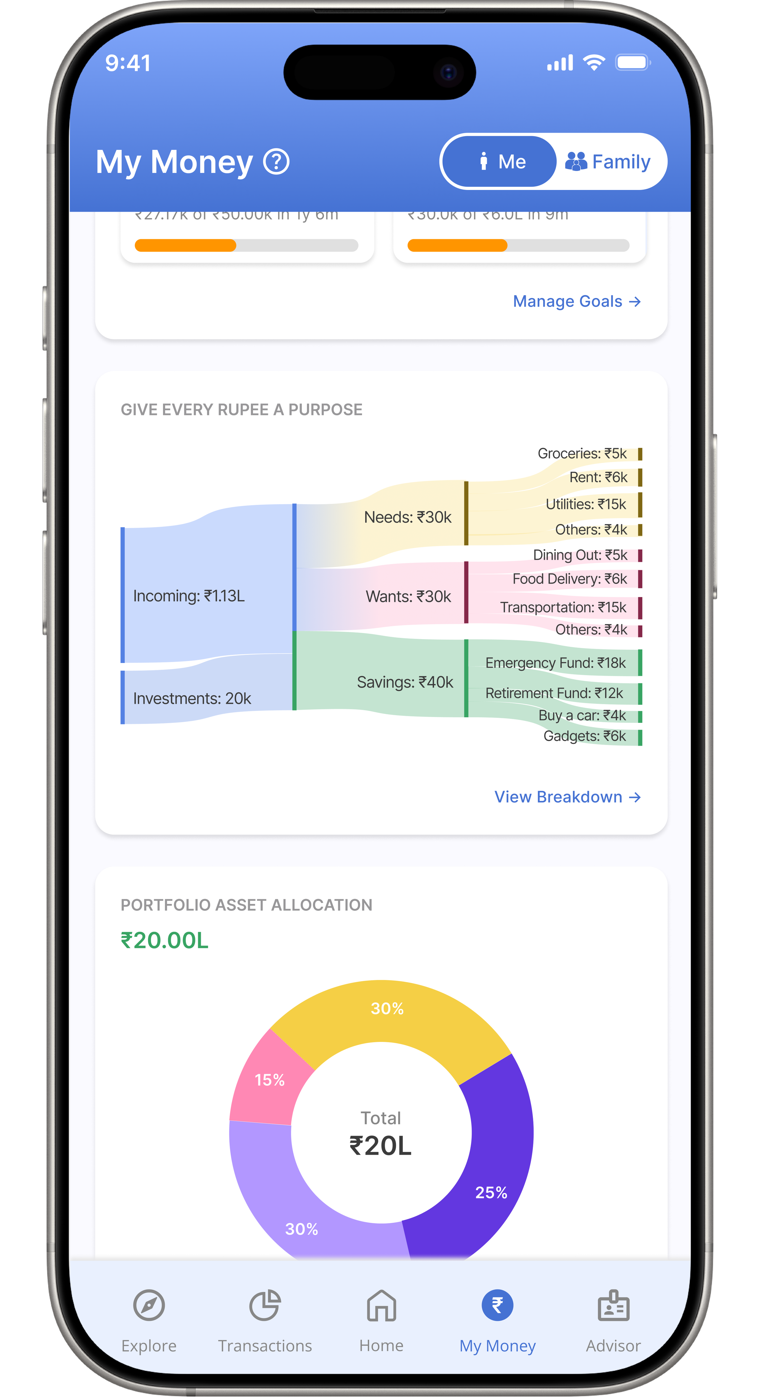 Phone screen showing the Nobias app investment section with mutual funds, stocks, and portfolio options for financial decision-making.