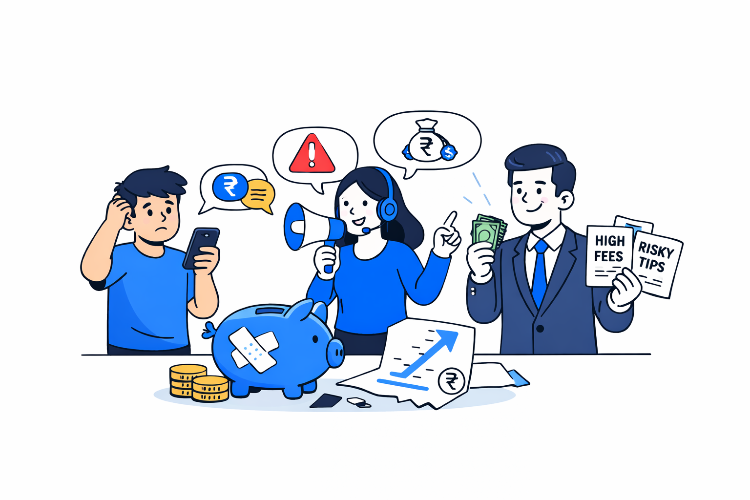 Illustration of harmful financial advice with a worried person, educator, and advisor holding risky tips.