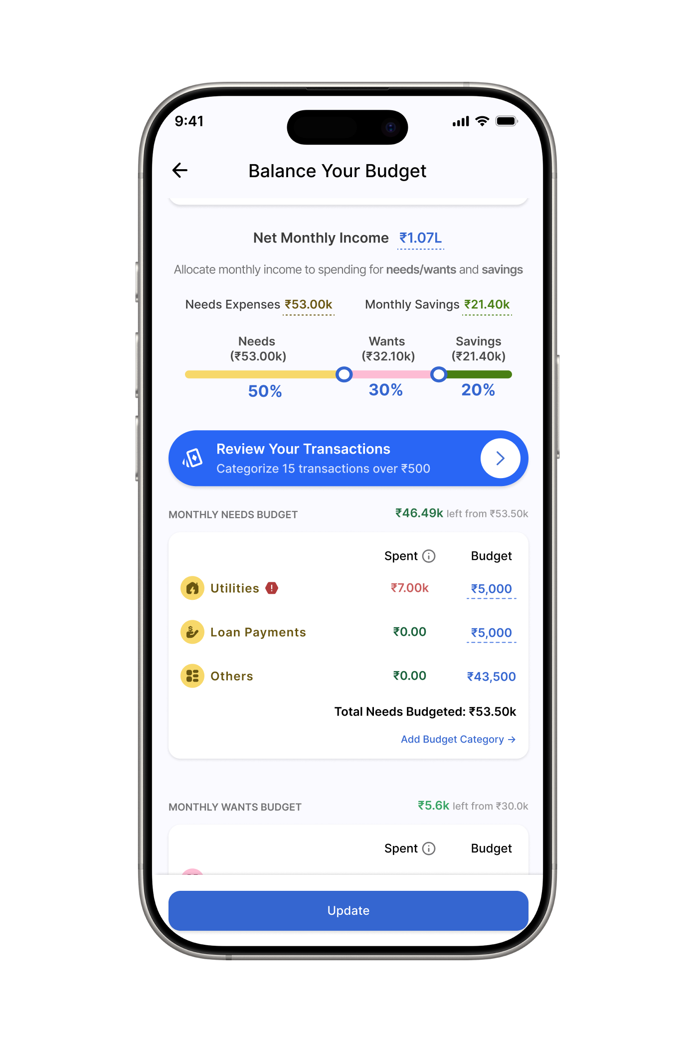 This image shows Nobias Artha budget page with income allocator and Needs budget categories Utilities, Loan Payments and Others along with the amount spent and the amount budgeted.
