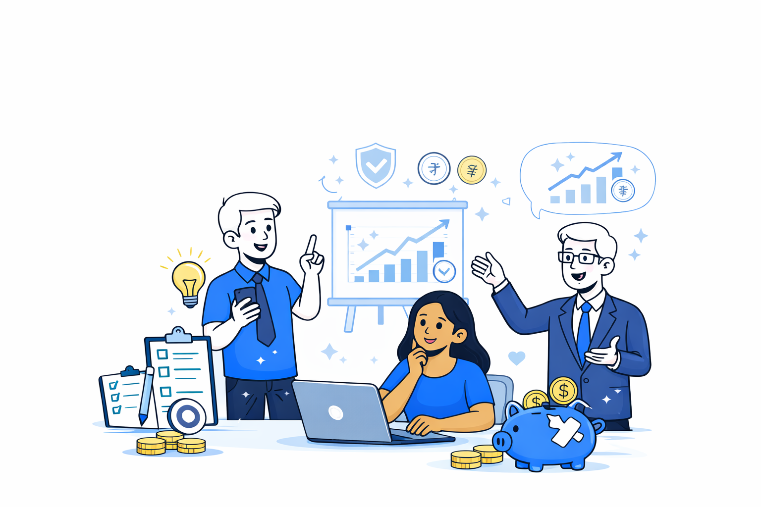 Illustration of employees learning financial literacy with charts, a laptop, and icons for savings and growth.