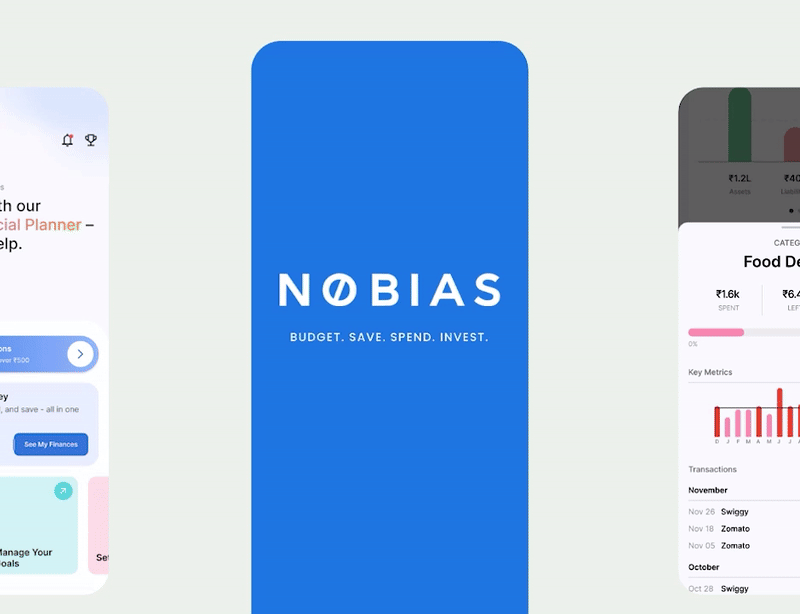 Rotating pages of Nobias Artha app, from budgeting to goal setting to investing. You can manage your money all in one app.