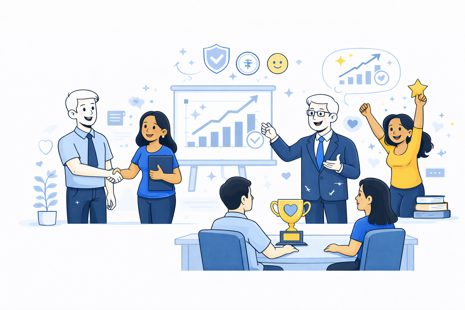 Illustration of employee experience, with colleagues celebrating achievements around a meeting table, including a presentation, a trophy, and symbols of growth and engagement.