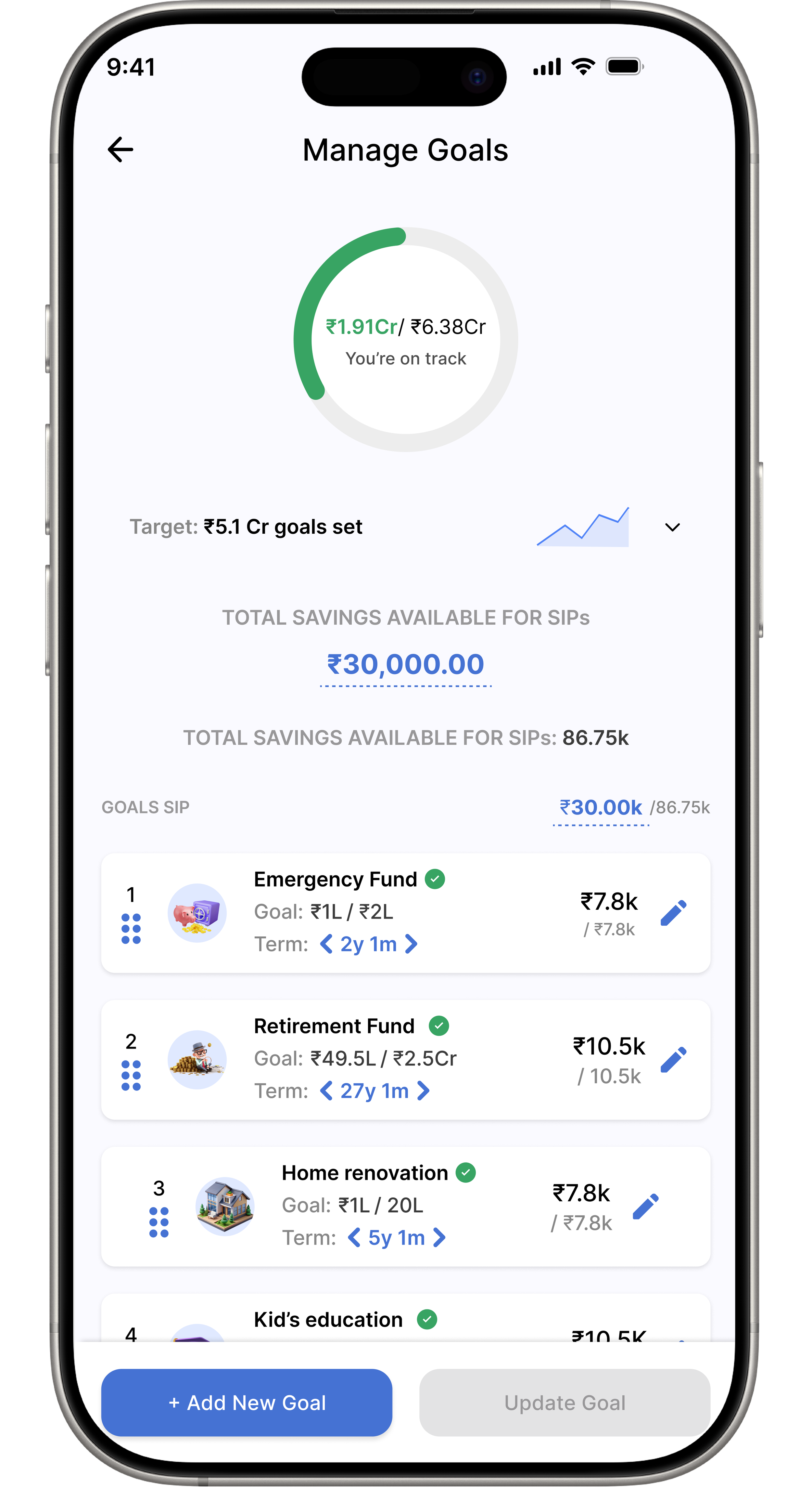 Phone screen showing the Nobias app advisory section with a financial planning overview, call details, and goal-based asset allocation.
