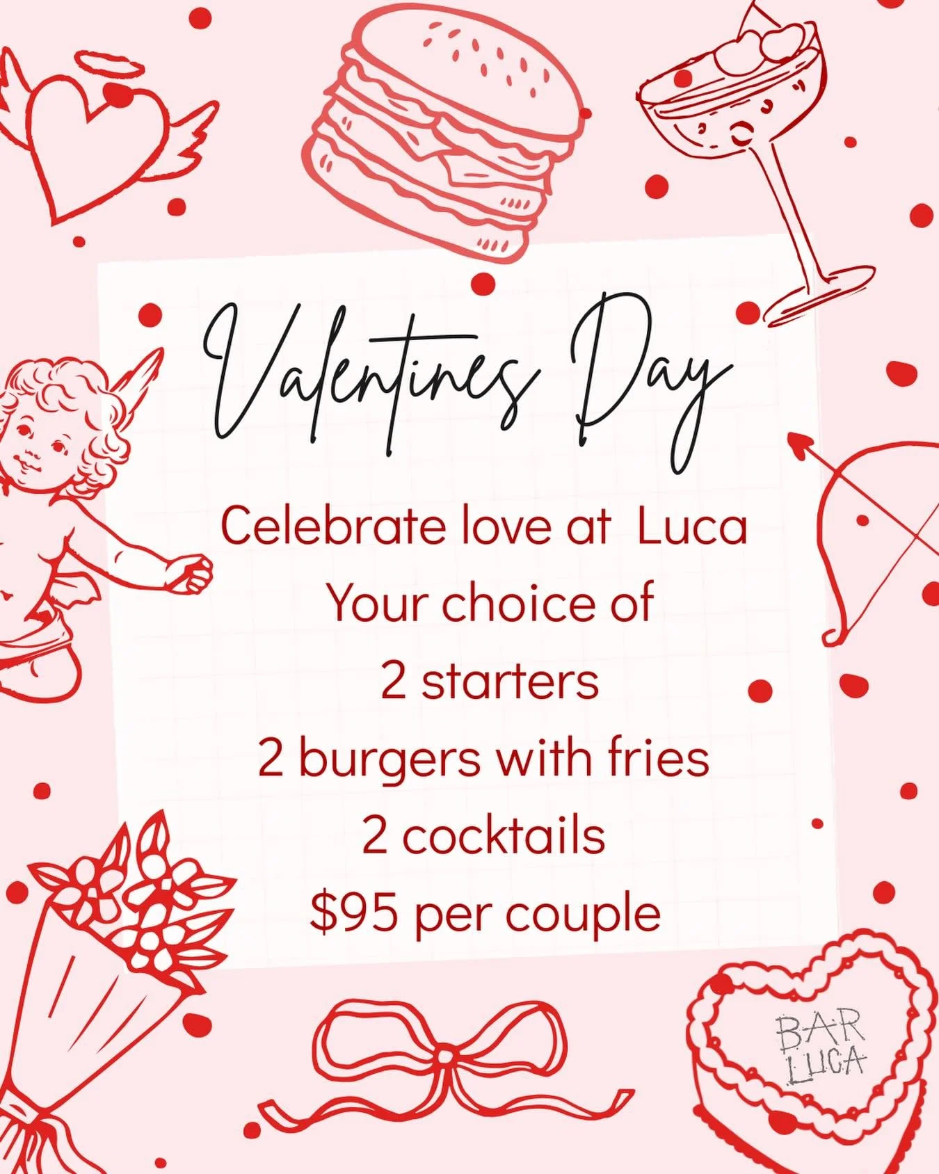 Valentine's Day is just around the corner! 
No plans yet? 
Don't worry, we've got you covered! 
Dinner and drinks for two, for under $100! 

Book now!
❤️❤️❤️