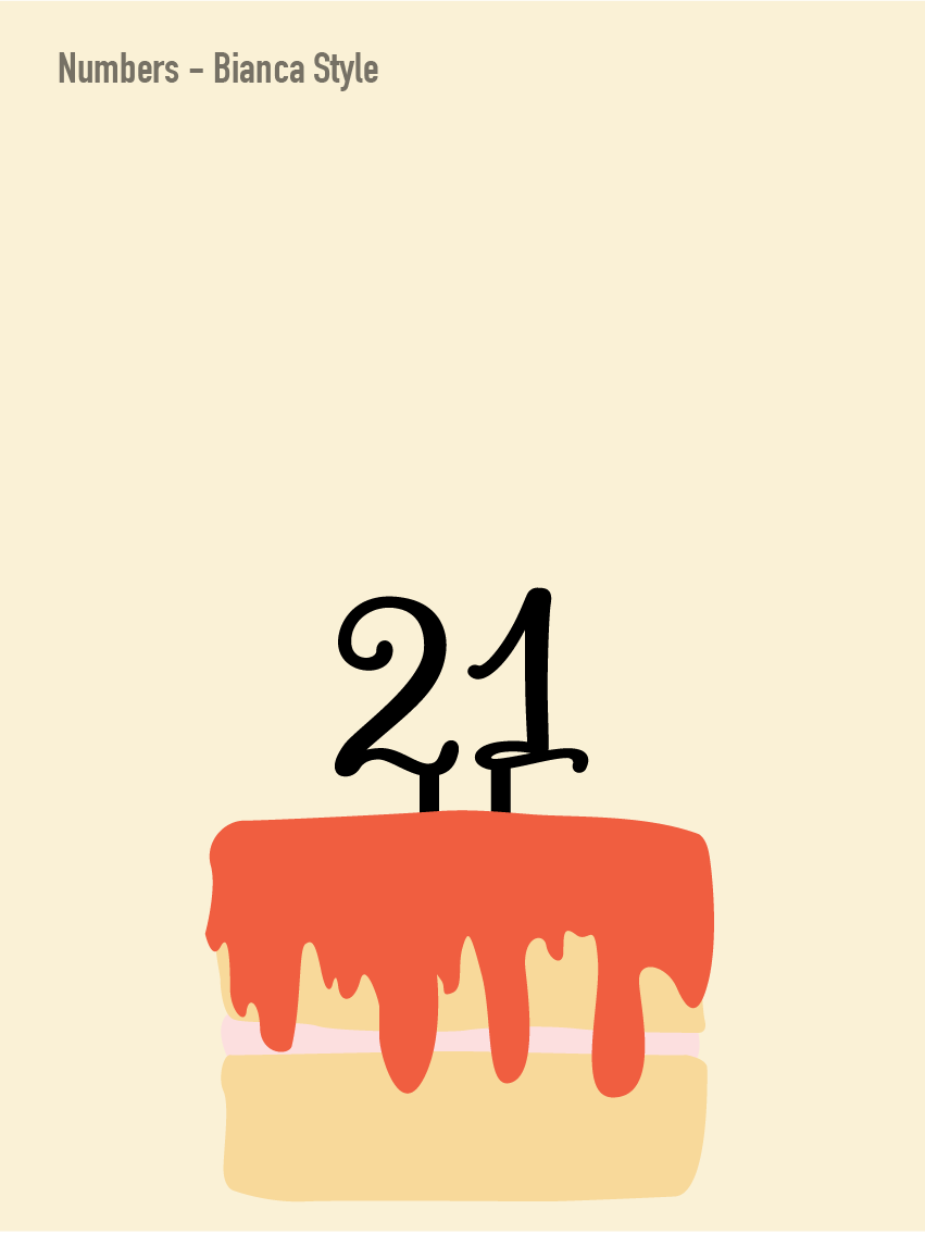 An example of cake topper that reads 21. This is in a cursive style called the Bianca. Made in Sydney.