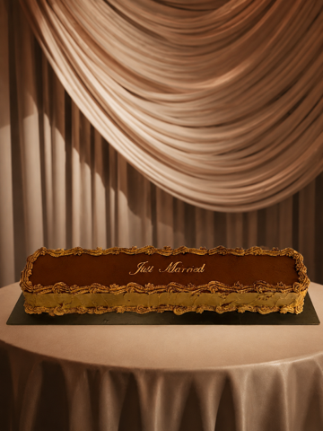 A tiramisu made by Stacy Brewer Cakes. It says "just married" and is made by using the stencil.