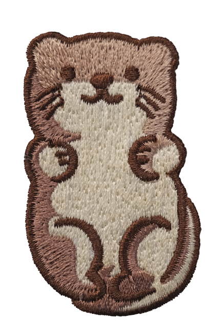 Embroidery of a cute otter with a smiling face, small paws, and a curled tail.