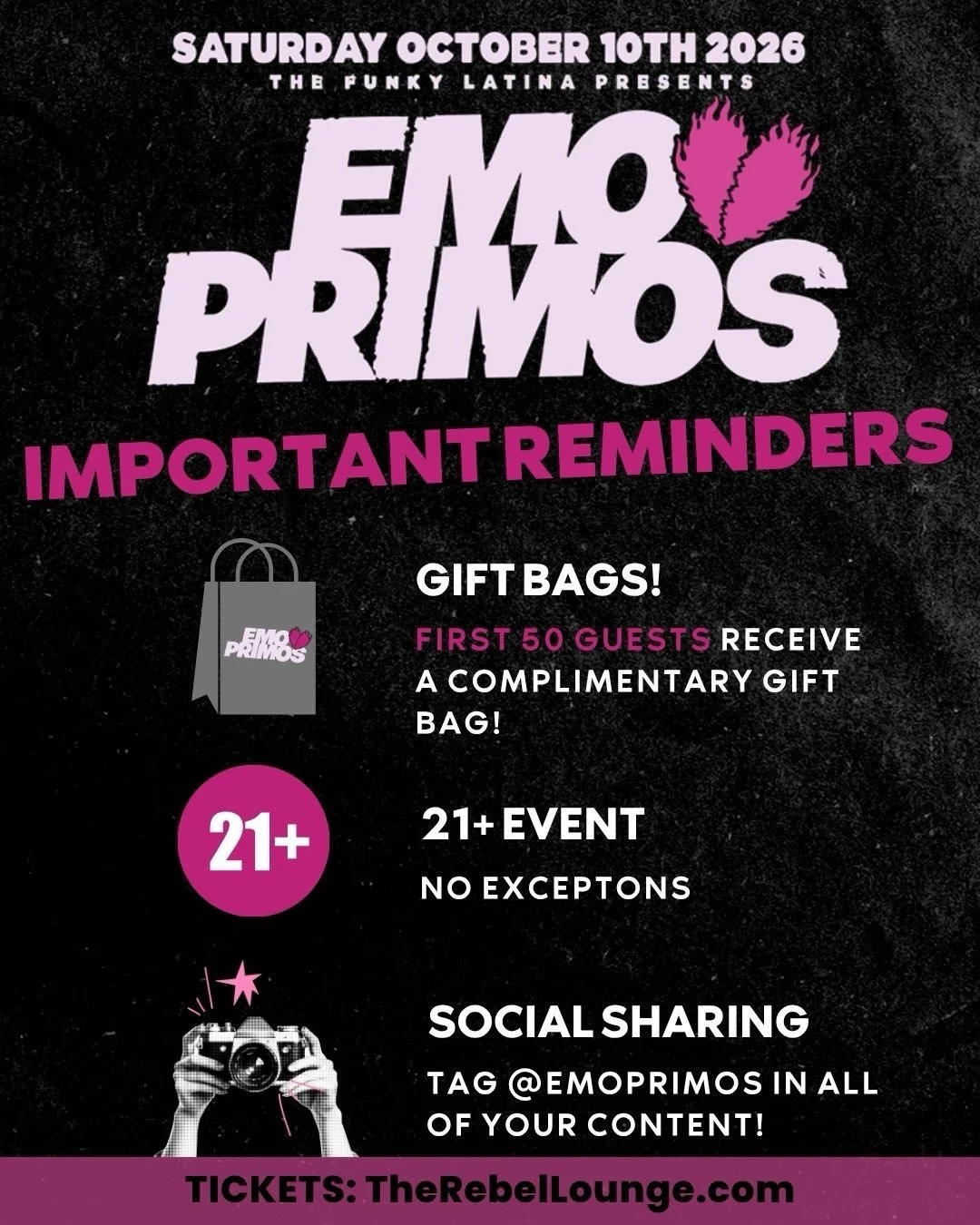 Before heading over to The Rebel Lounge for Emo Primos, check out these important reminders ☑️

*Pro-tip: secure your tickets today to avoid price increase on day of show 🎫

🗓️: 10/10
📍: @therebelphx
🎫: Link in bio

#EmoPrimos #AltLatinos #Concer