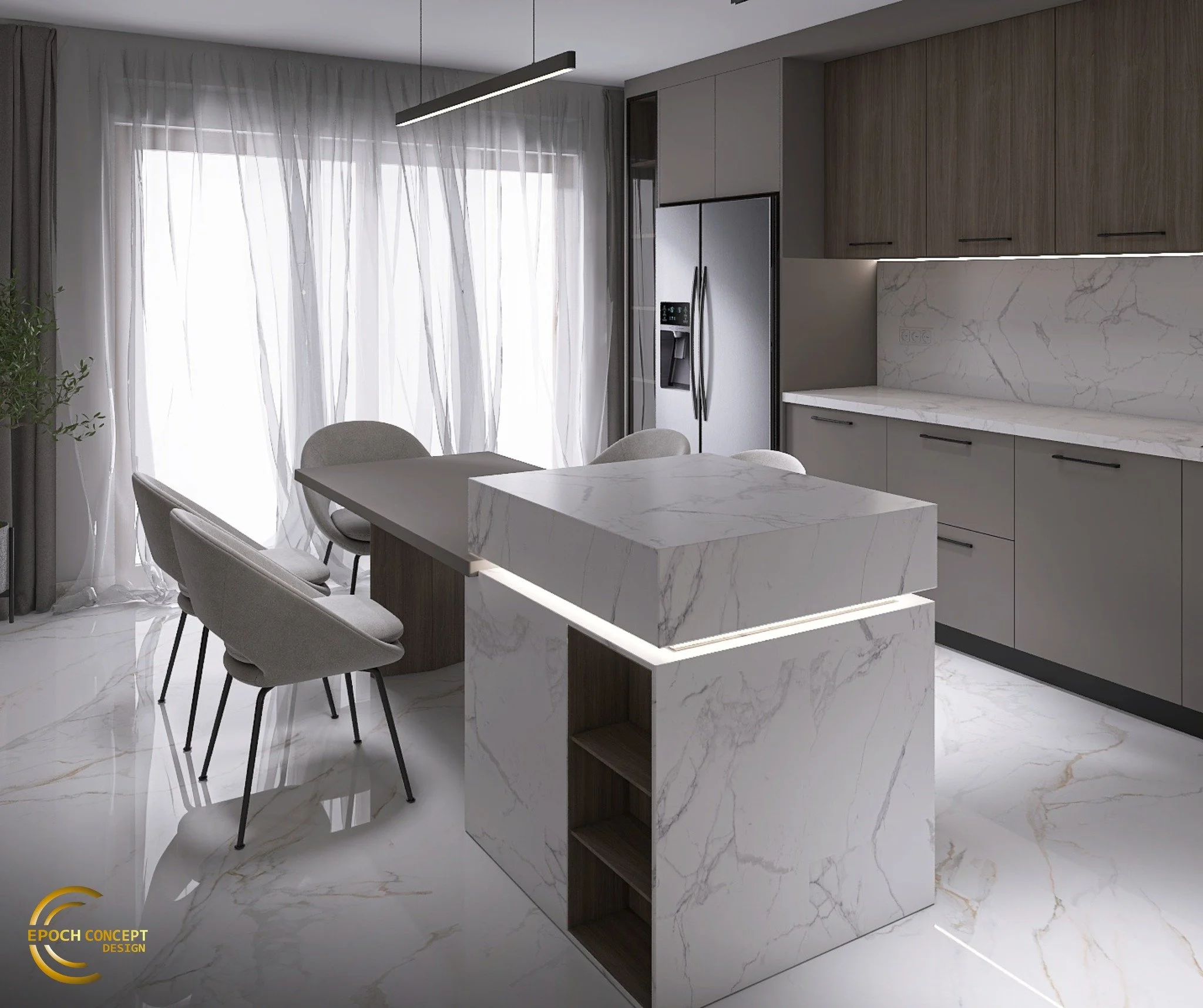 Eleganță contemporană &icirc;ntr-o bucătărie funcțională și sofisticată.
Un design care echilibrează simplitatea formelor cu impactul materialelor premium &ndash; marmură, texturi mate și lumină bine integrată.

Dacă vrei o amenajare care să reflecte