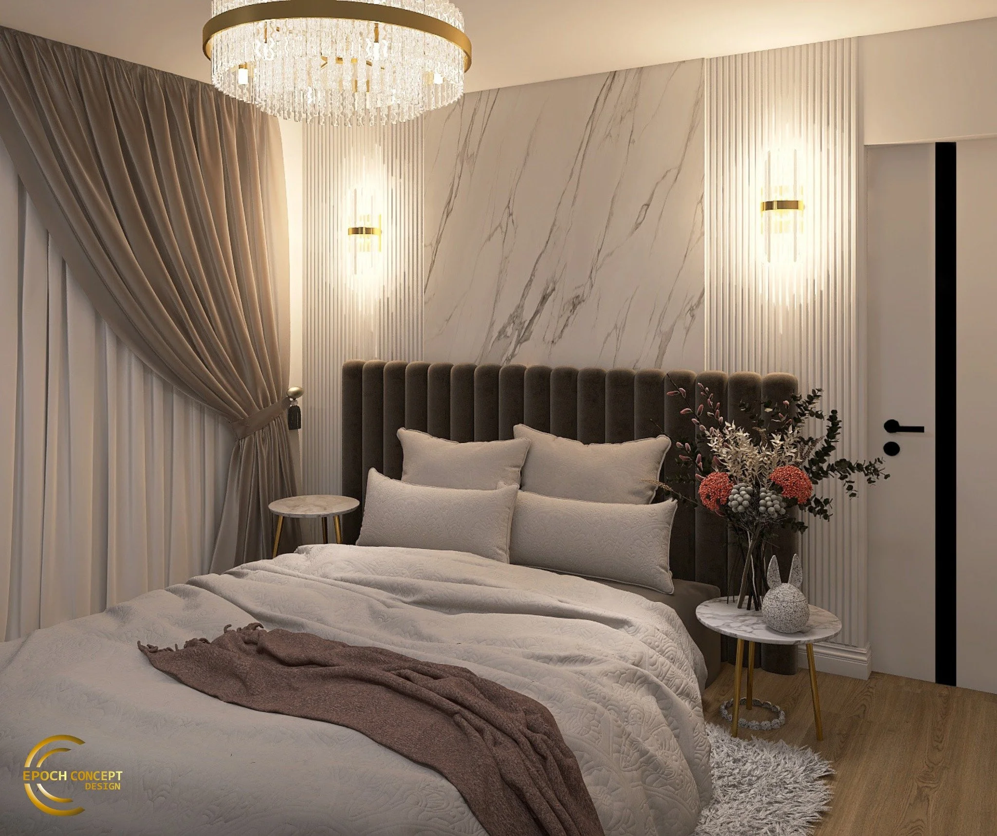 Un dormitor care &icirc;mbină perfect liniile moderne cu accentele elegante &ndash; catifea, marmură, lumini calde și texturi care transformă spațiul &icirc;ntr-un adevărat refugiu.

La Epoch Concept Design, te ajutăm să creezi atmosfera perfectă pen