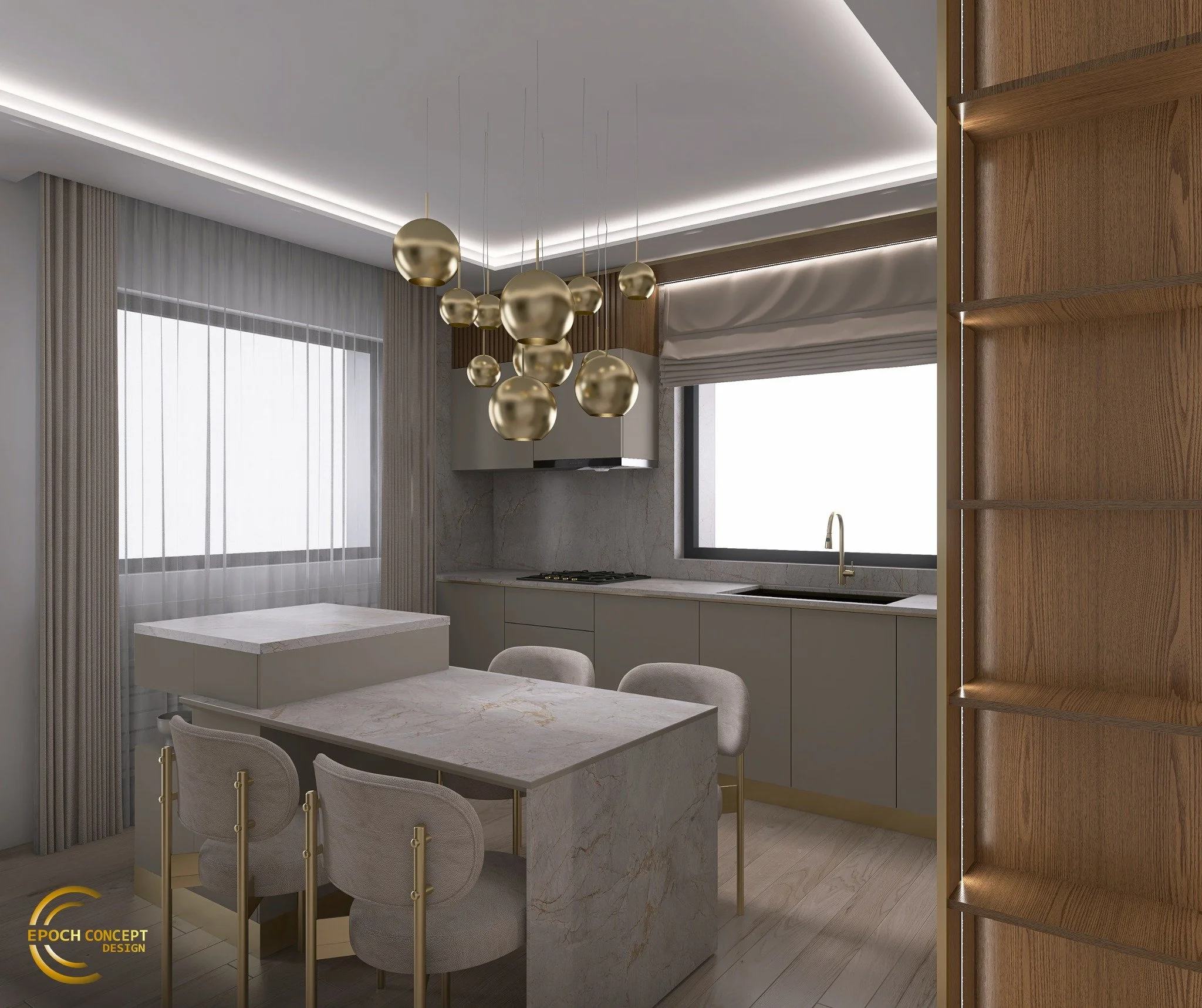 Eleganță discretă, accente aurii și un echilibru atent &icirc;ntre funcțional și estetic. &Icirc;n această bucătărie, totul a fost g&acirc;ndit pentru un stil de viață rafinat, dar ancorat &icirc;n realitate: spații de depozitare bine integrate, un l