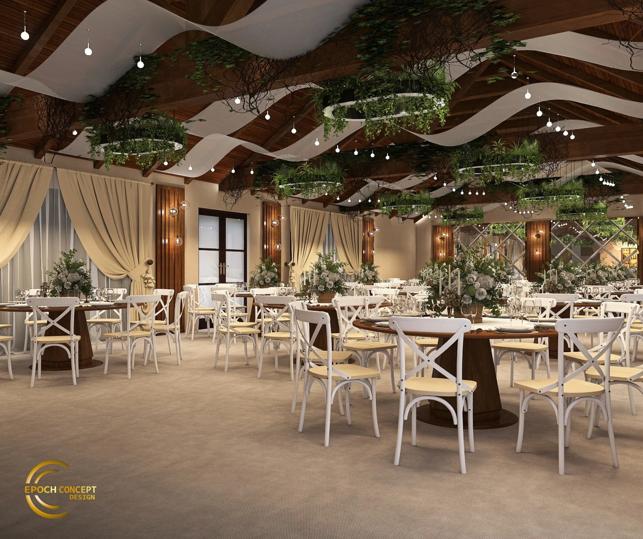 Amenajarea acestui salon de evenimente combină elemente de rustic elegant cu accente contemporane: lemn cald, plante naturale suspendate, texturi fluide și lumină ambientală &mdash; totul integrat &icirc;ntr-un spațiu coerent, aerisit și versatil.

C