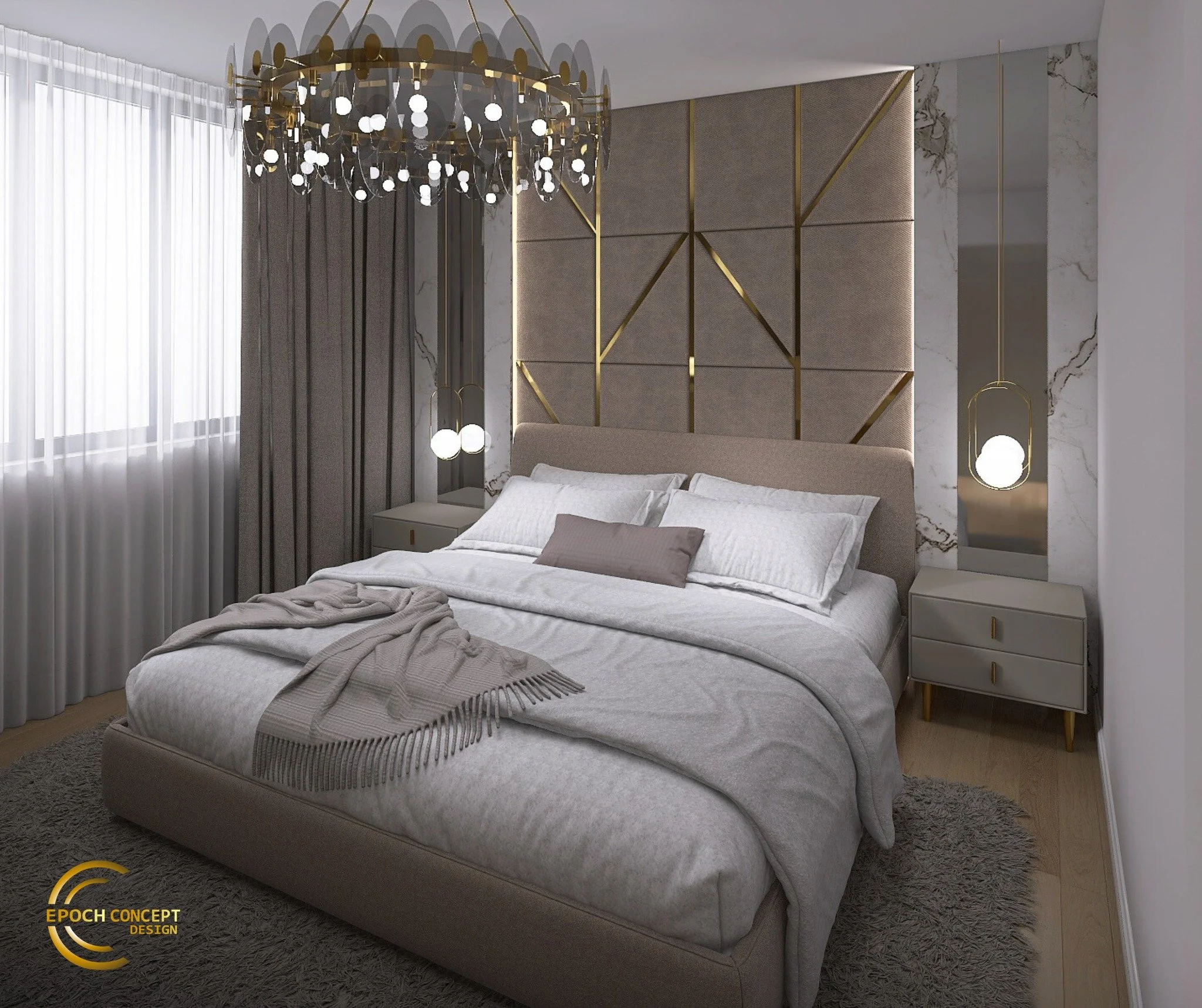 Un dormitor amenajat cu texturi moi, nuanțe calde și accente elegante - totul g&acirc;ndit pentru ca spațiul să te liniștească, să-ți &icirc;ncarce bateriile și să-ți redea energia. Luminile ambientale, patul tapițat și peretele decorativ creează o a