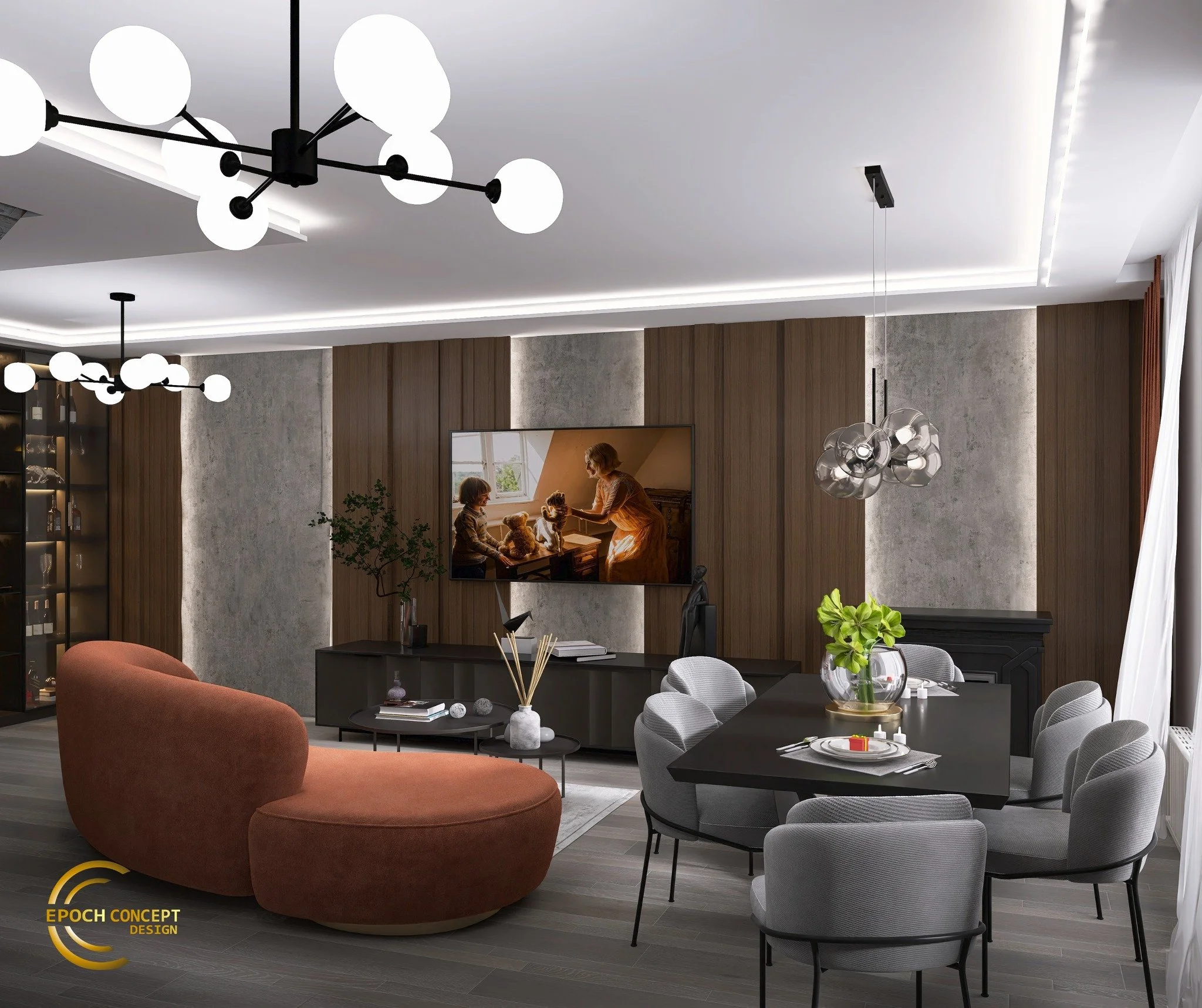 Living și dining modern ✨

Acest living și dining open space reprezintă combinația perfectă de eleganță și confort. Mobilierul &icirc;n tonuri neutre și accentele calde de cărămiziu creează o atmosferă primitoare și sofisticată. Luminile moderne și f