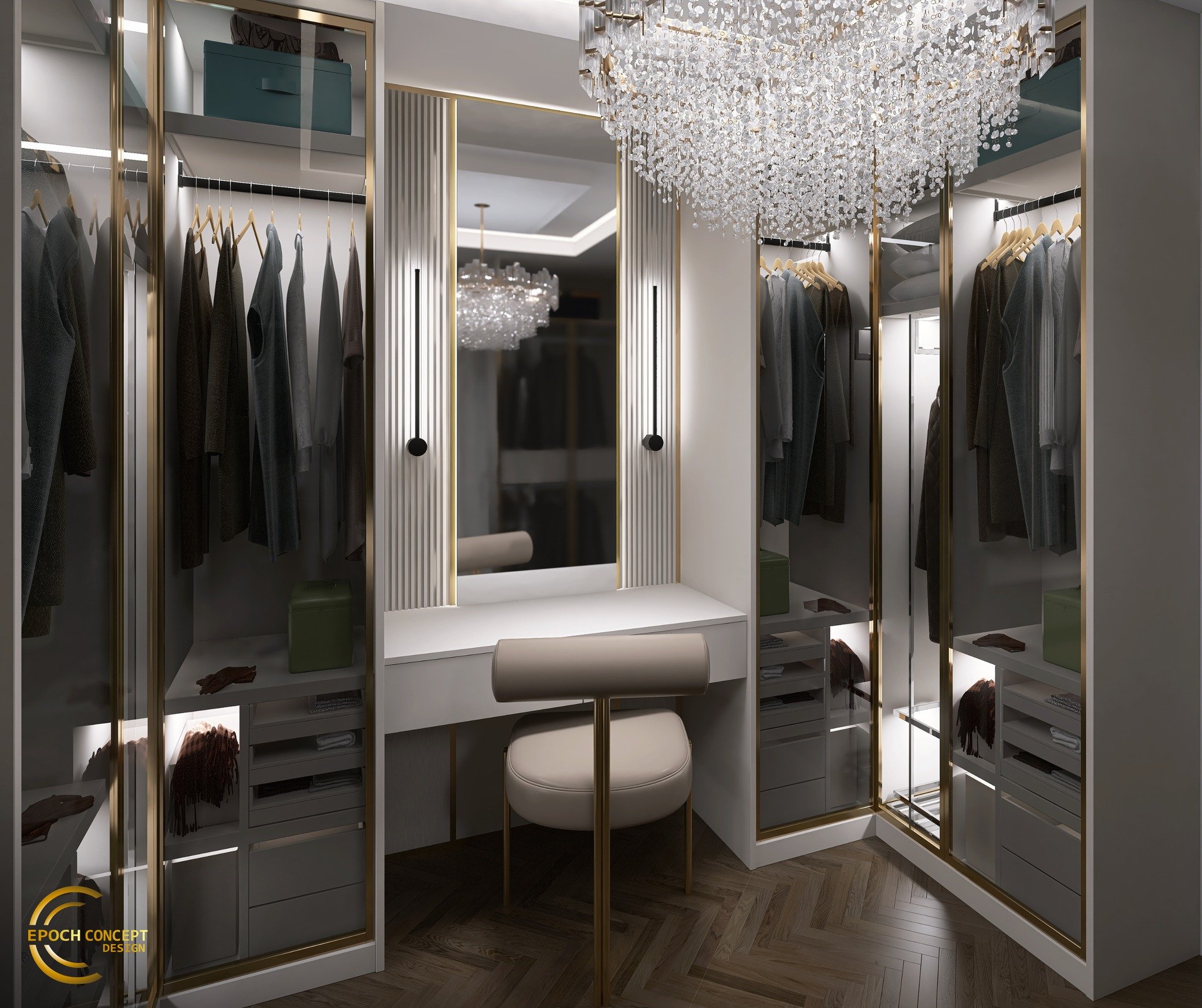 Descoperă rafinamentul &icirc;n fiecare detaliu! De la rafturile luminate ce adaugă un plus de eleganță, p&acirc;nă la spațiile personalizate pentru fiecare accesoriu, acest dressing transformă rutina zilnică &icirc;ntr-o călătorie de stil și eleganț