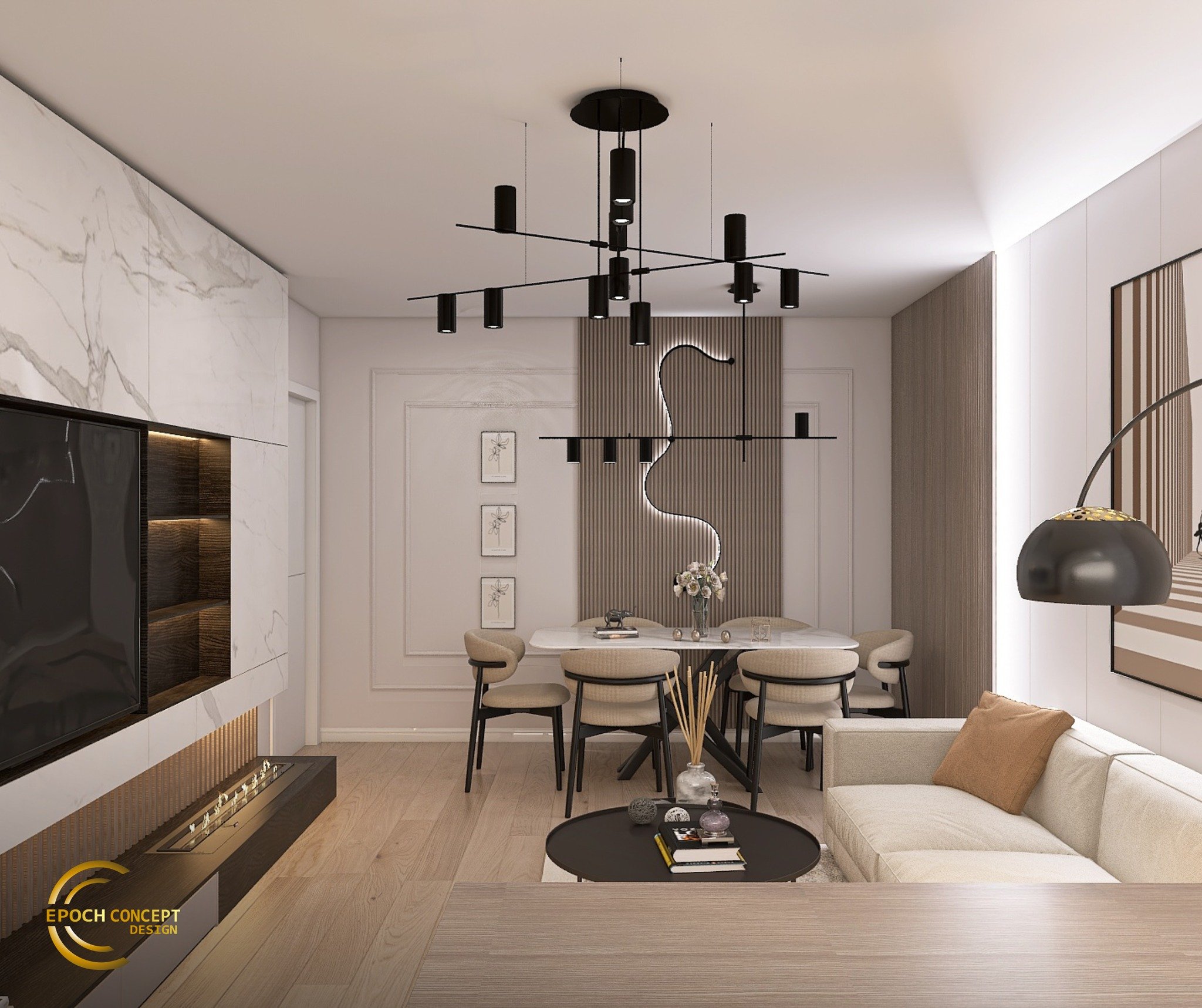 Un spațiu g&acirc;ndit pentru confort contemporan.
Liniile curate, contrastul subtil &icirc;ntre texturi și accentele grafice dau ritm unui open space unde funcționalitatea &icirc;nt&acirc;lnește estetica.

Zona de dining este calmă, dar cu personali