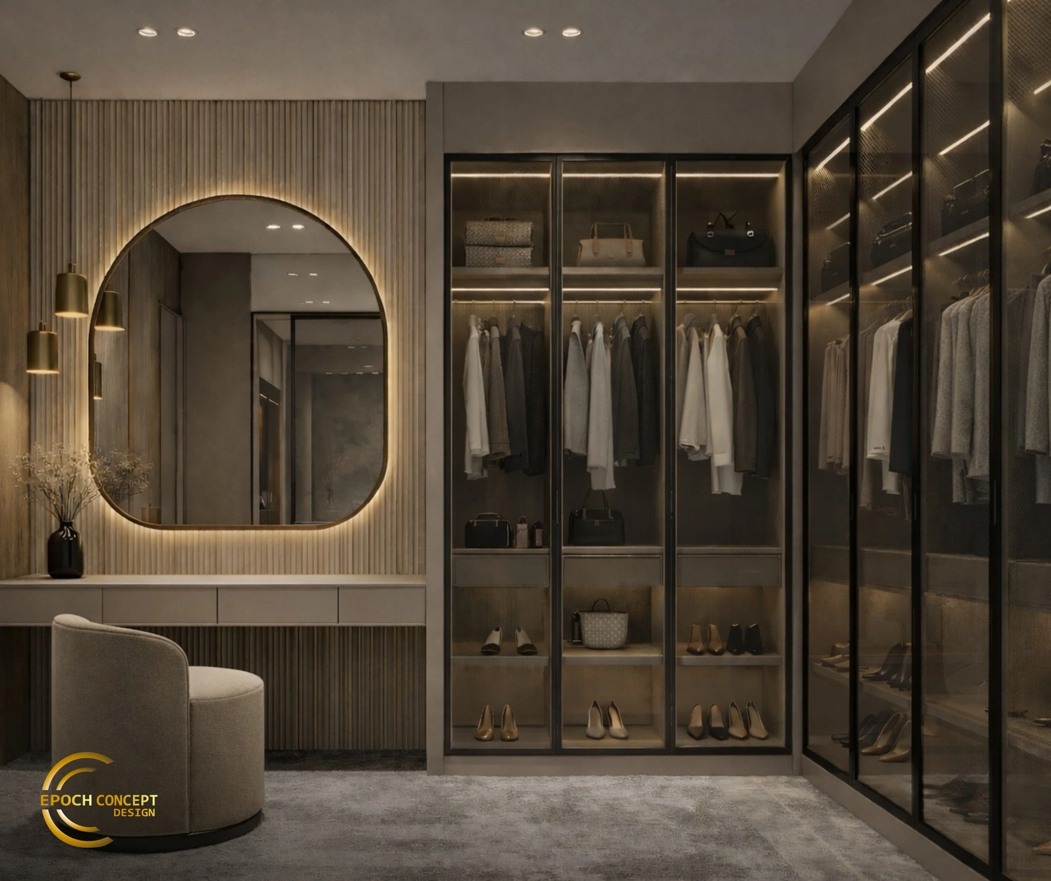 Un dressing bine organizat nu e un lux, ci o extensie firească a stilului tău de viață.

&Icirc;n acest spațiu, totul e g&acirc;ndit pentru claritate vizuală, funcționalitate și un aer rafinat: compartimentare pe categorii, lumini integrate, zone ded