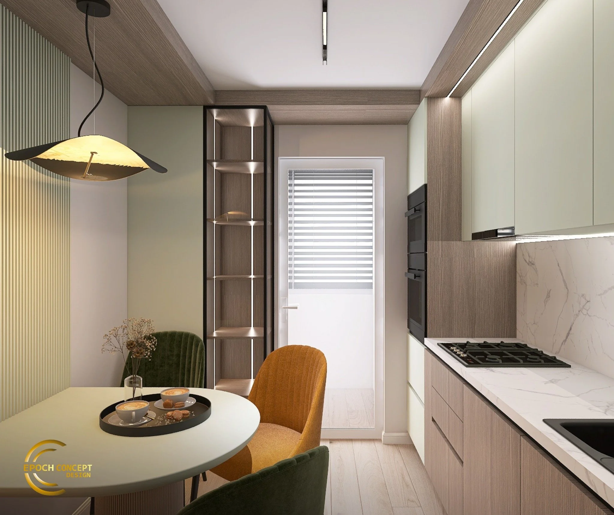 &Icirc;ntr-o bucătărie mică, nu reduci funcțiile. Le organizezi. 
Depozitare p&acirc;nă &icirc;n tavan, electrocasnice integrate, masă fixată &icirc;n perete pentru a elibera circulația. Totul g&acirc;ndit astfel &icirc;nc&acirc;t spațiul să respire,