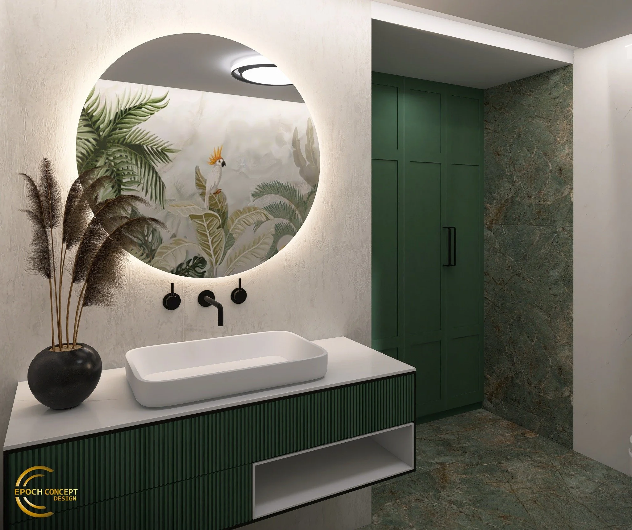 Un colț de paradis chiar la tine acasă 🛁🌿

Această baie exotică, amenajată &icirc;n nuanțe de verde și tonuri neutre, te poartă &icirc;ntr-o oază de relaxare și revigorare. Tapetul cu plante și păsări aduce natura mai aproape, cre&acirc;nd o atmosf