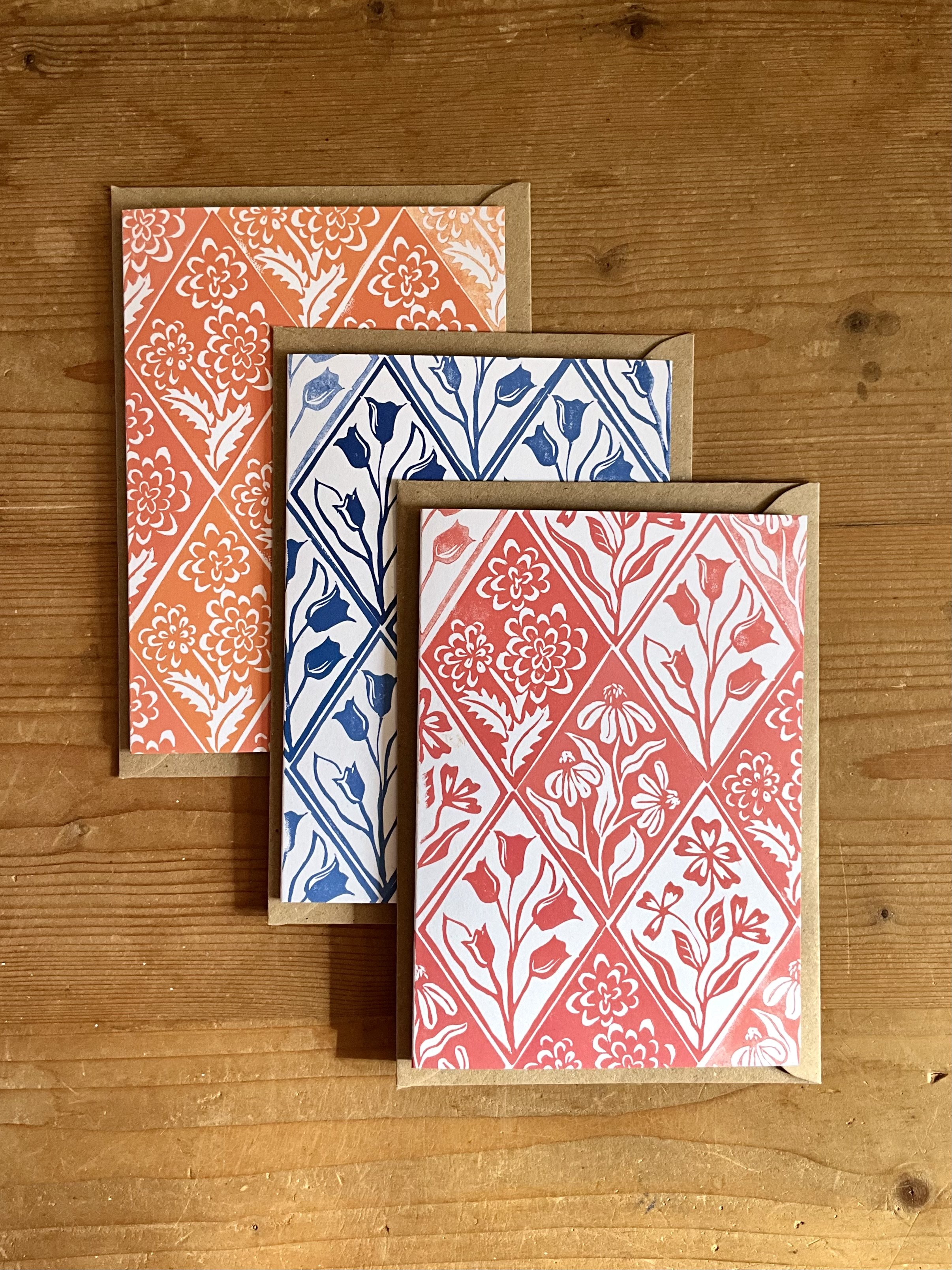Example set of three diamond florals greeting cards (A6) with Kraft brown envelopes, printed in range of colours