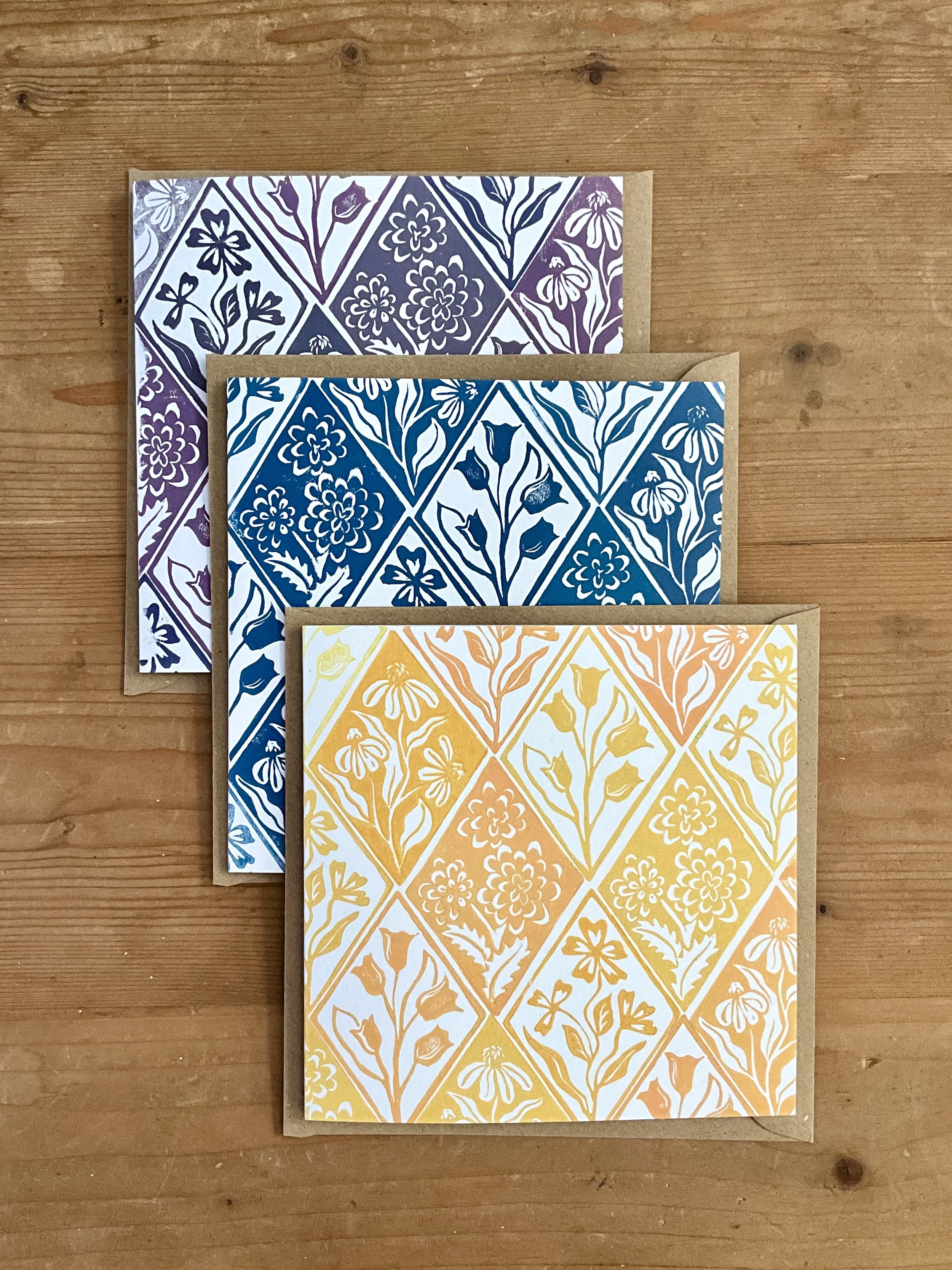 Example set of three, mix of diamond florals greeting cards (square) with brown Kraft envelopes, printed in range of colours