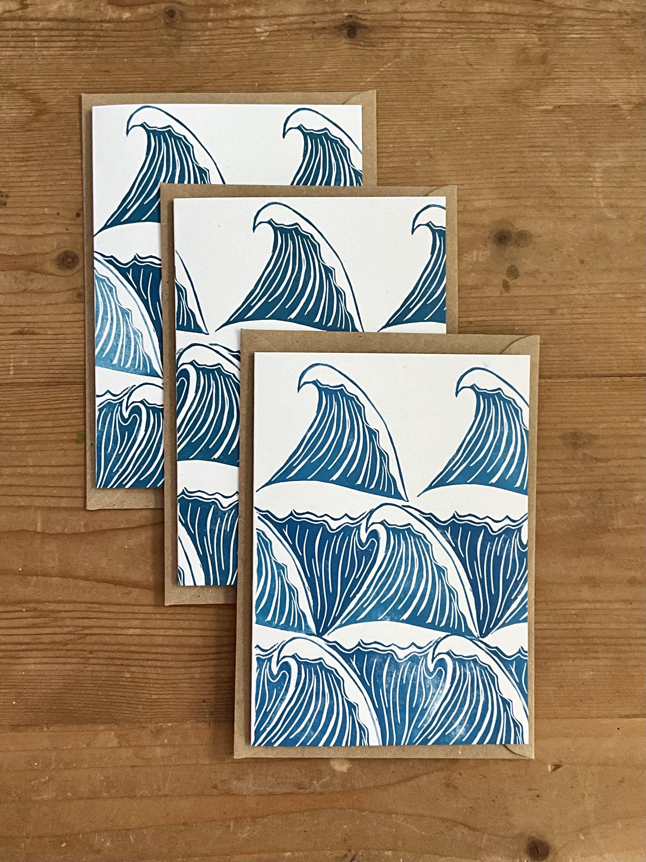 Example set of three waves greeting cards (A6), with Kraft brown envelopes