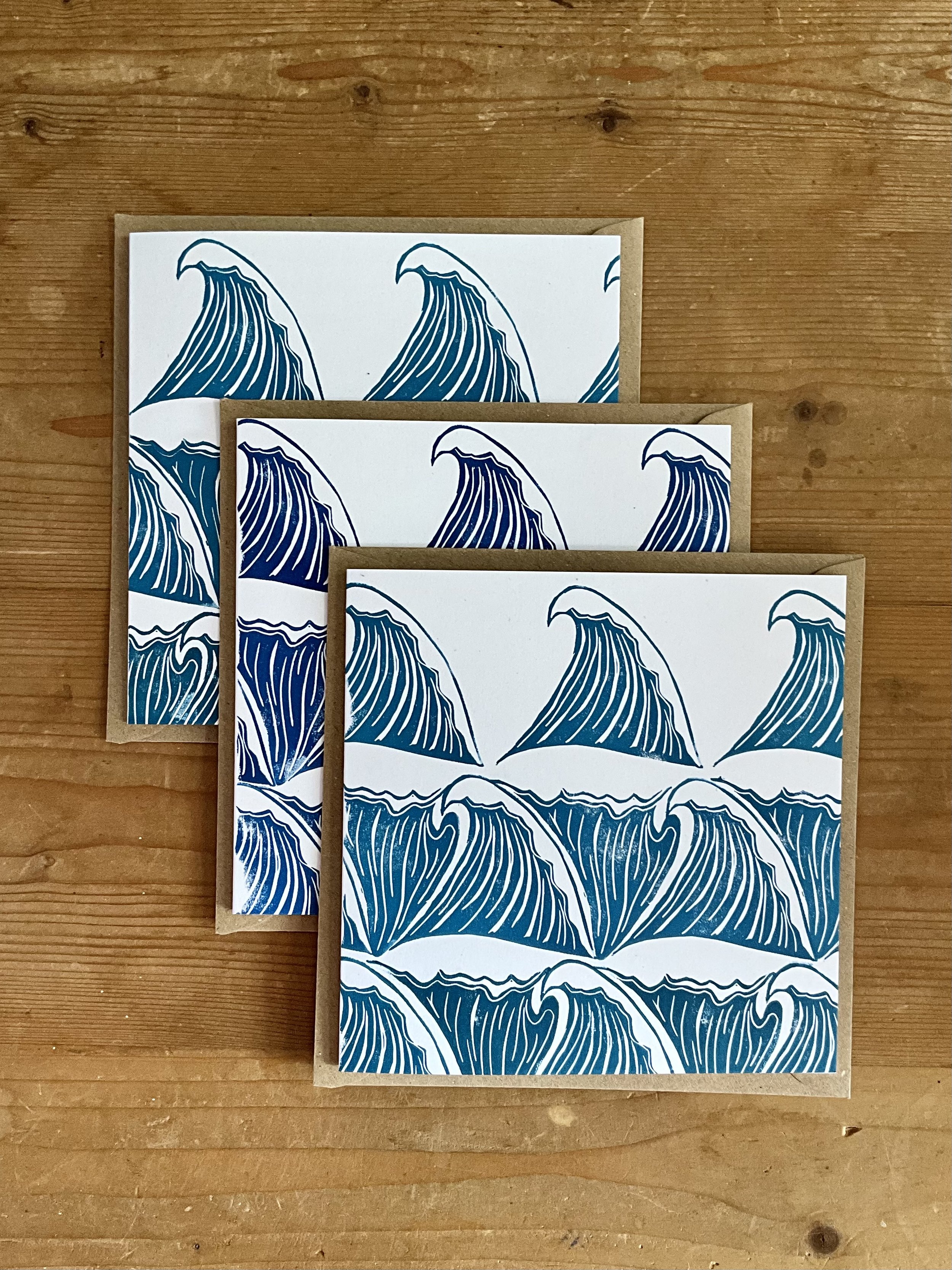Example set of three waves greeting cards (square), with Kraft brown envelopes