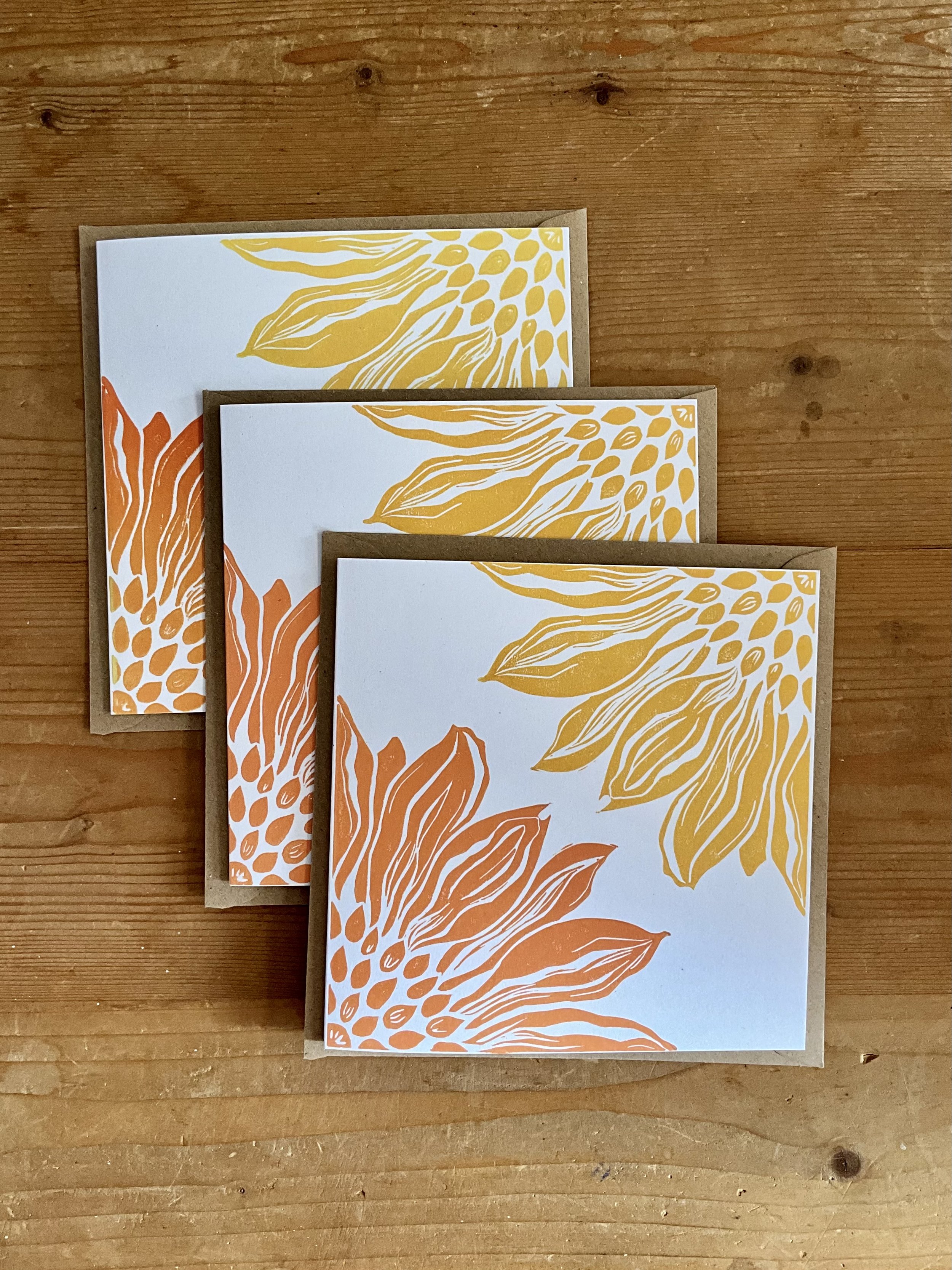 Example set of 3 sunflower greeting cards (square), with Kraft brown envelopes