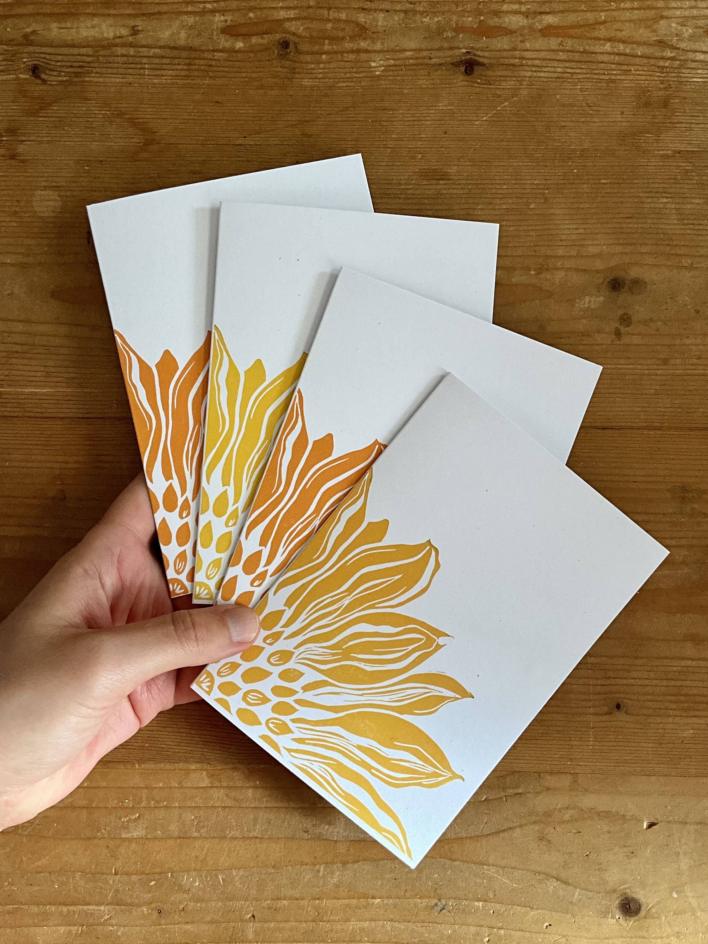 Selection of sunflower greeting cards (A6), printed in different yellow and orange shades