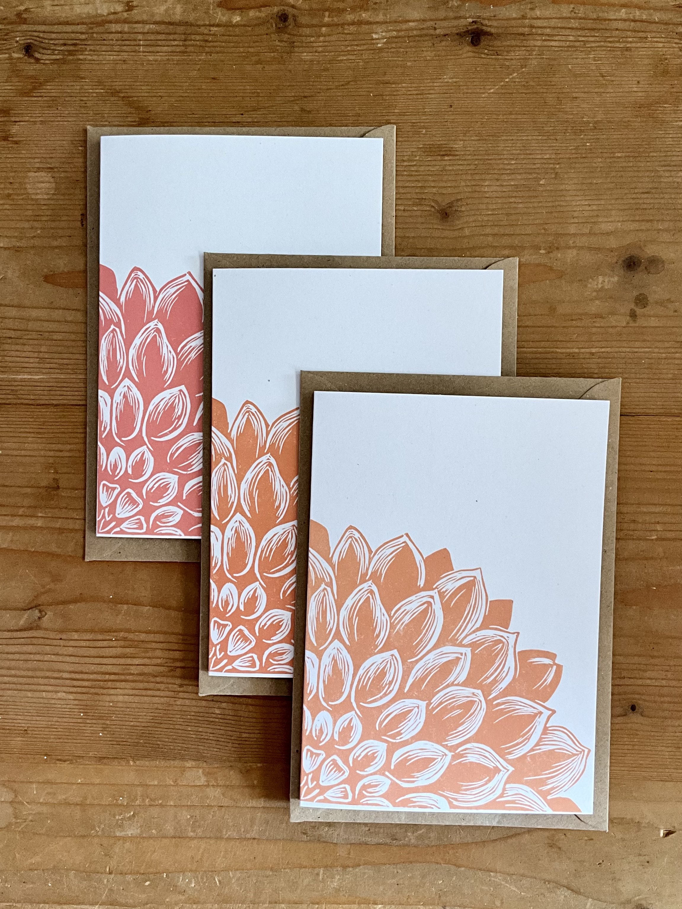 Example set of 3 of dahlia greeting cards (A6), printed in peach and pink tones