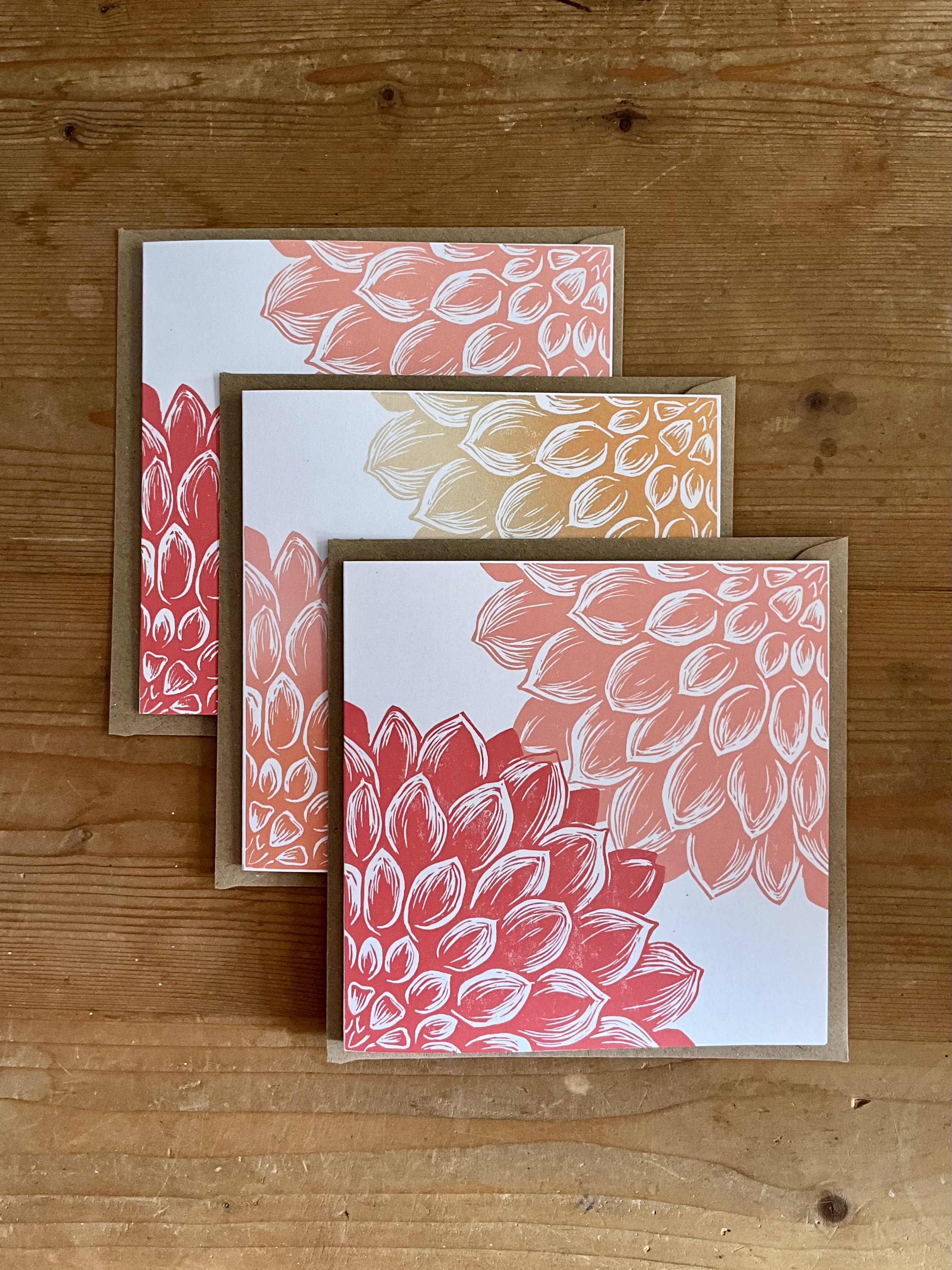 Example set of 3 of dahlia greeting cards (square), with Kraft brown envelopes, printed in peach and pink tones