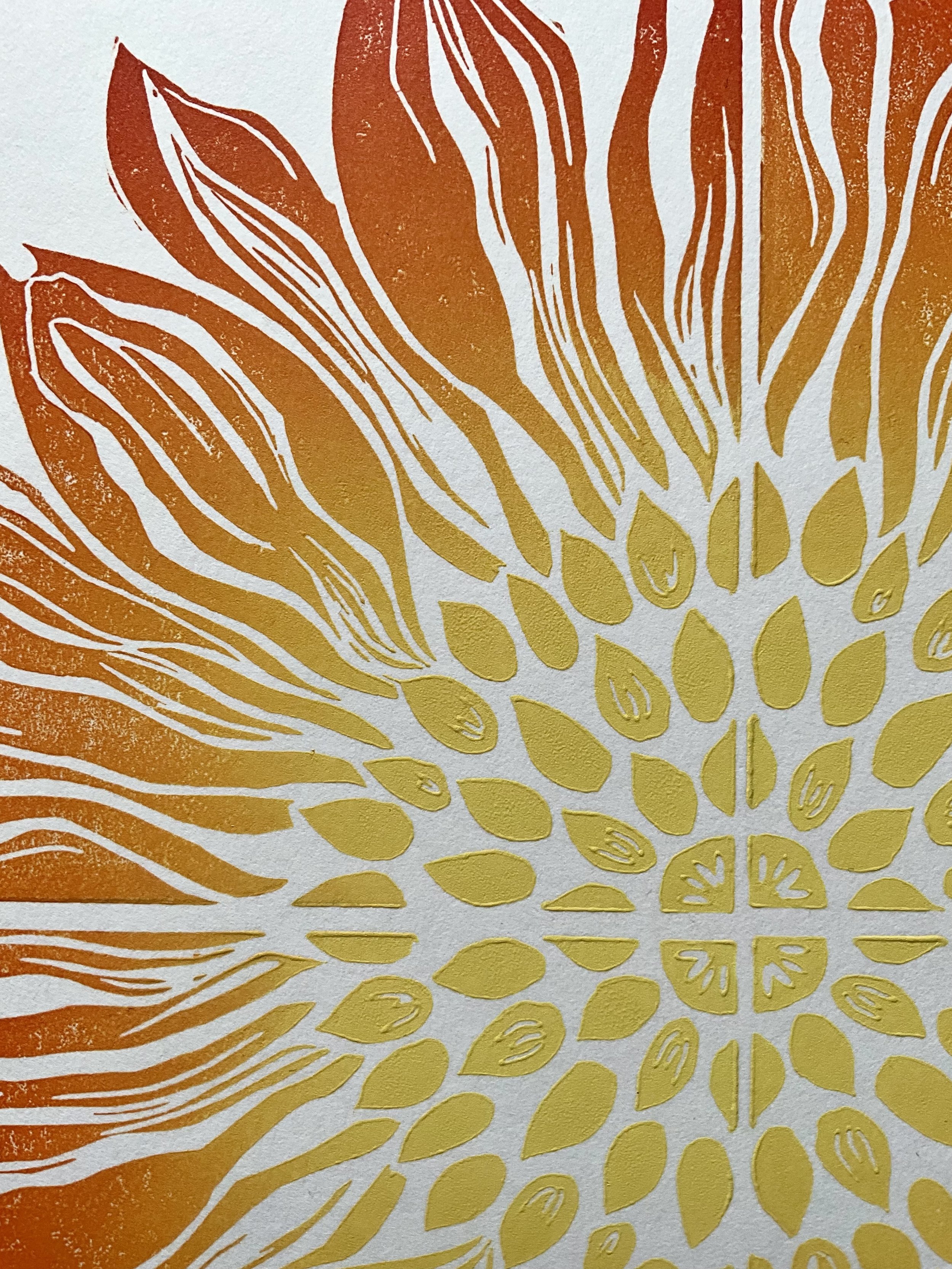 Close up of full sunflower A4 print, showing texture from hand printing process