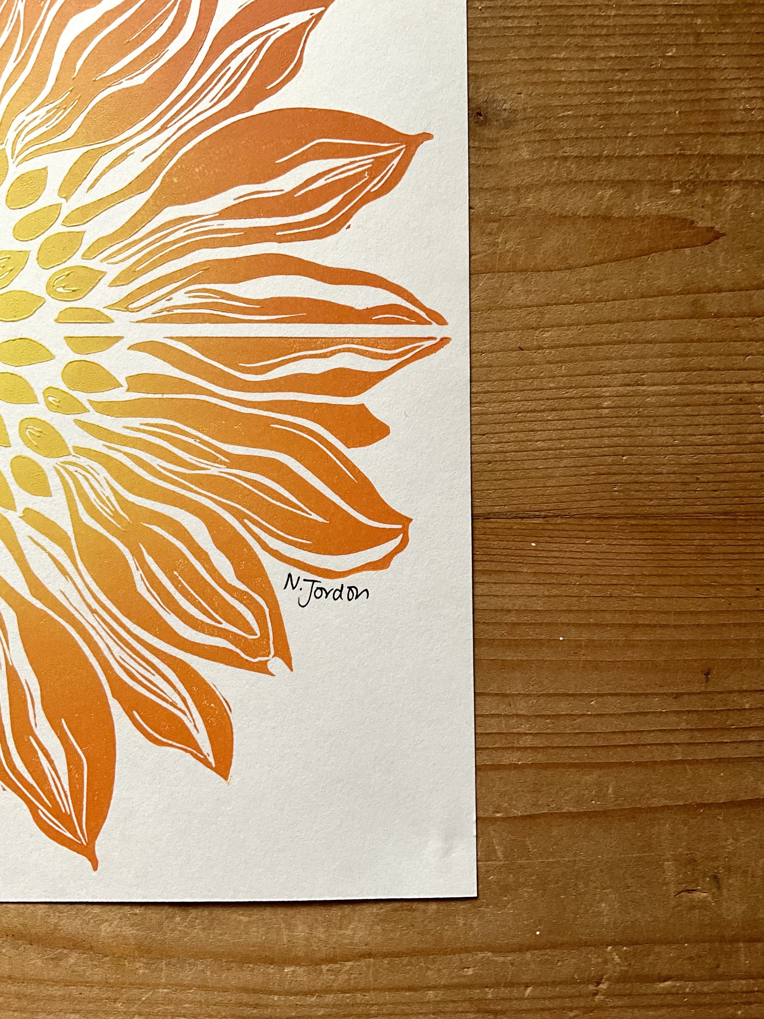 Close up of bottom right hand corner of full sunflower A4 print, signed by me.
