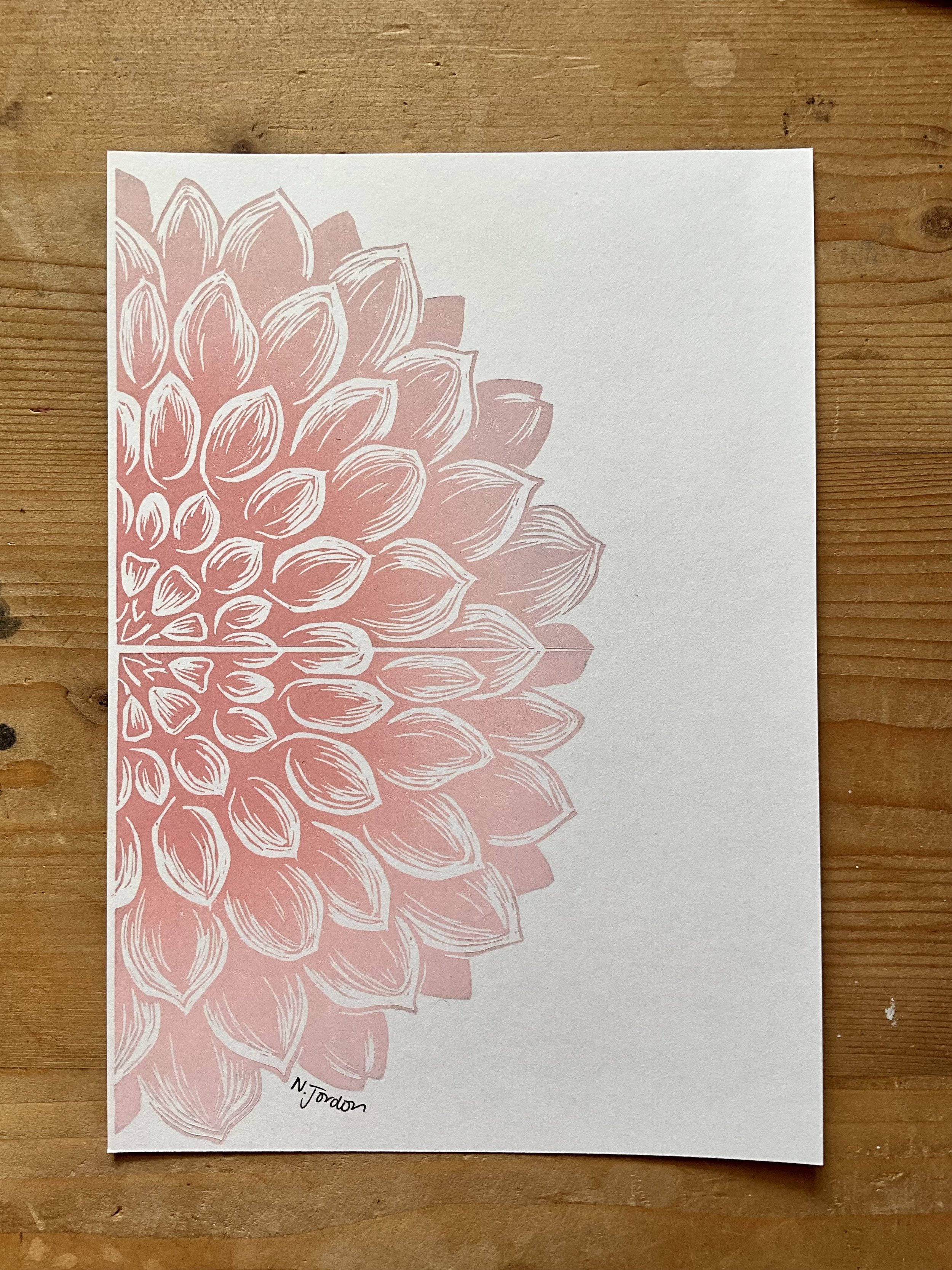 Half dahlia original lino cut print, in A5. Hand printed in pink/peach ombrés.