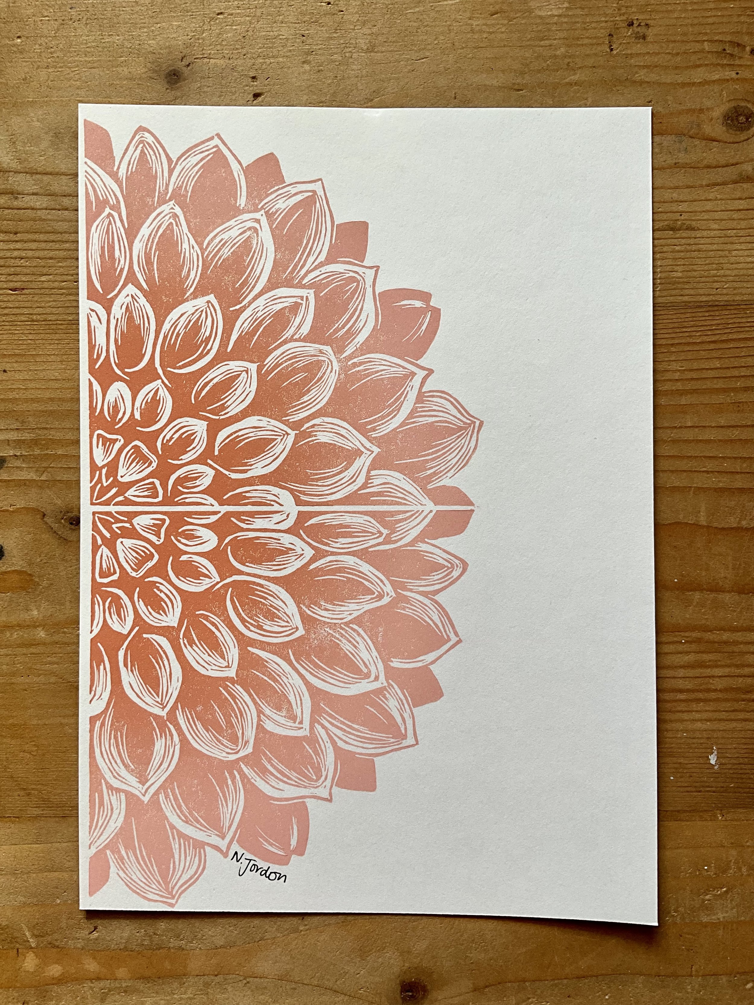 Half dahlia original lino cut print, in A5. Hand printed in peachy ombré.