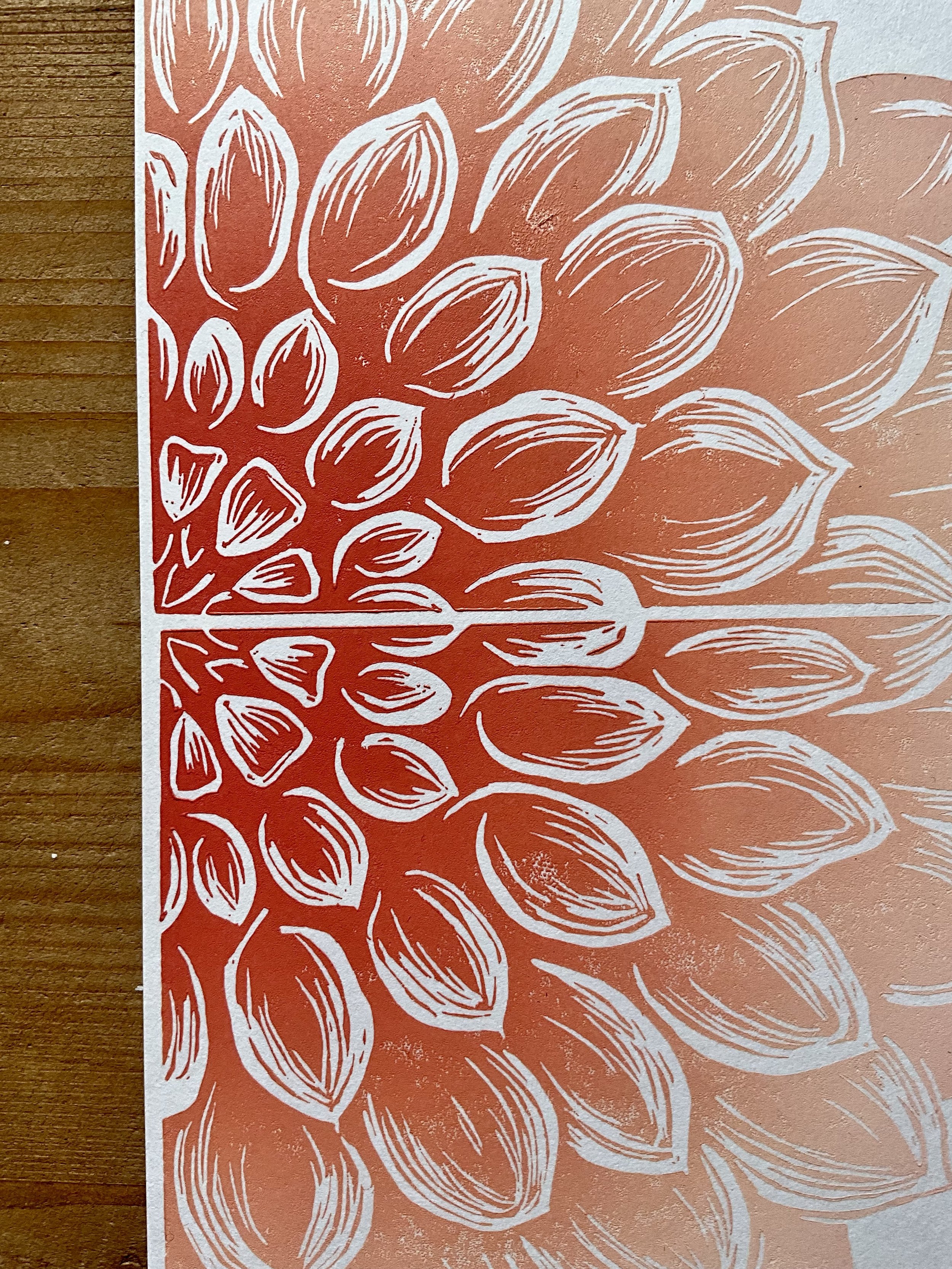 Close up of half dahlia A5 print, showing texture from hand printing process.
