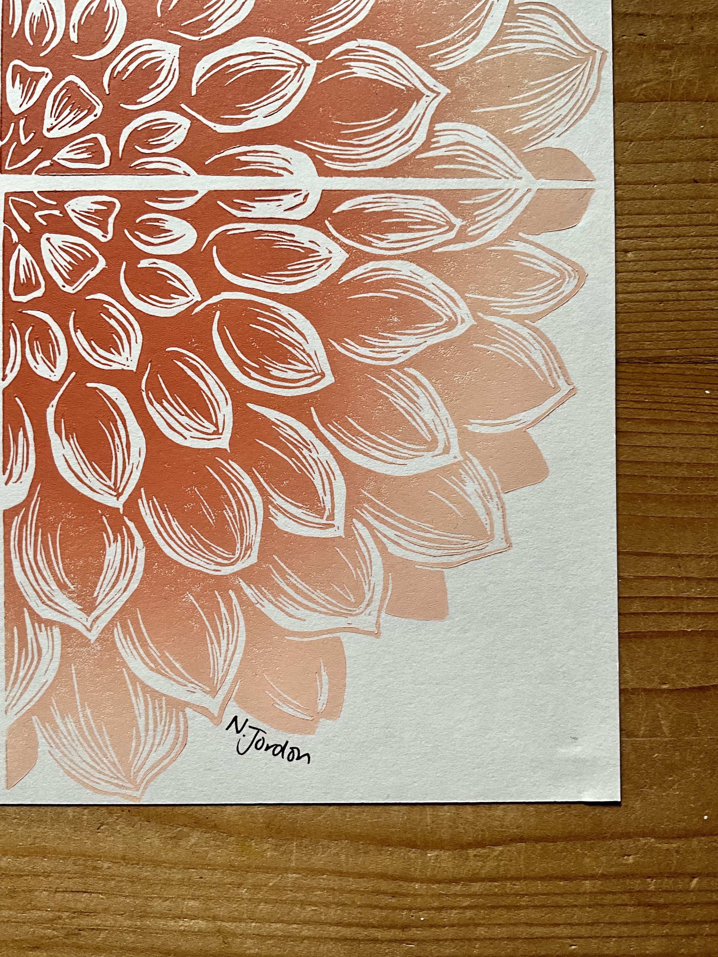 Close up of bottom right corner of full dahlia square print, signed by me.