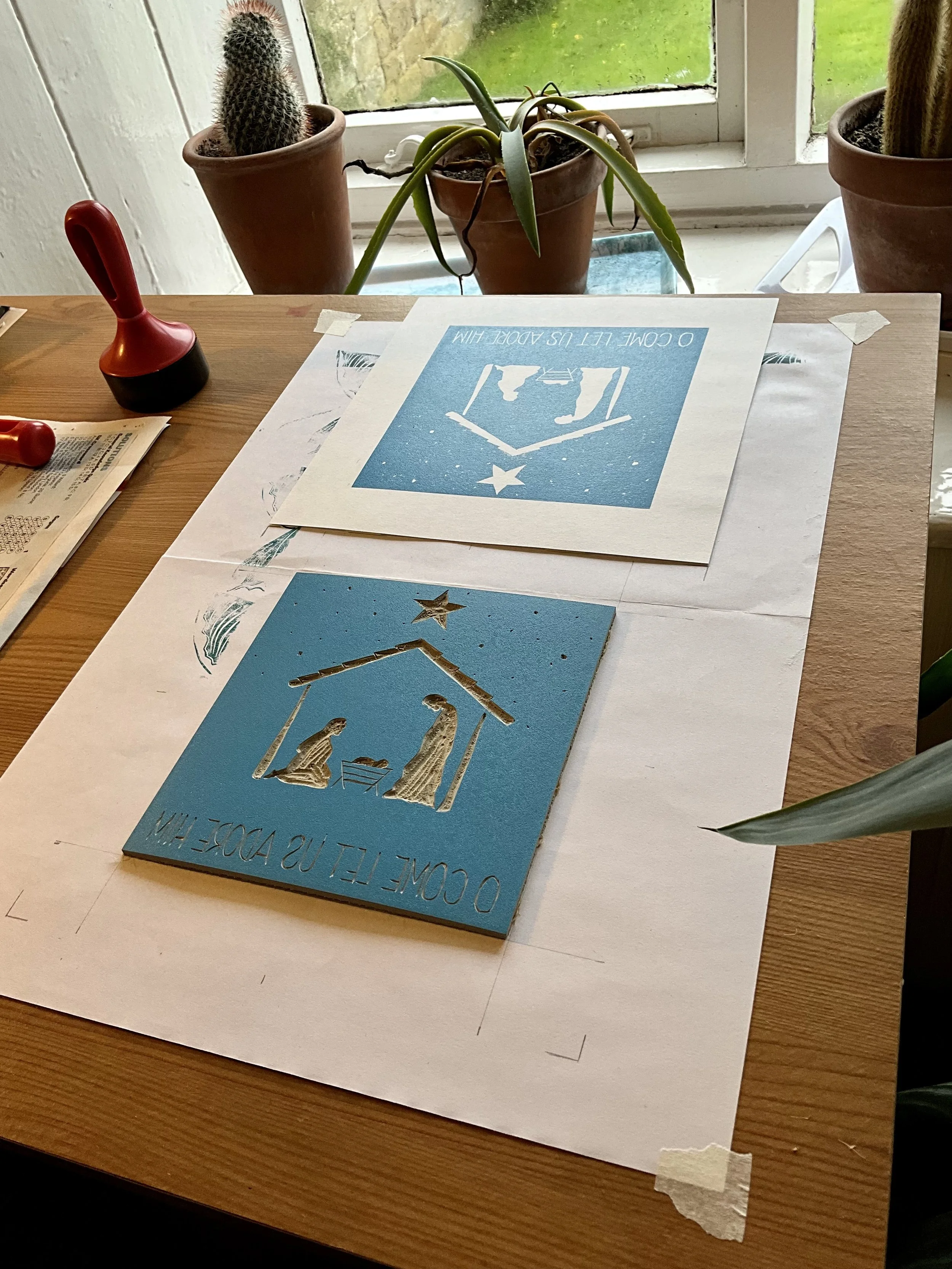Nativity scene Christmas cards. Digitally printed from my original linocut artwork, with layer one of the hand printing process shown here