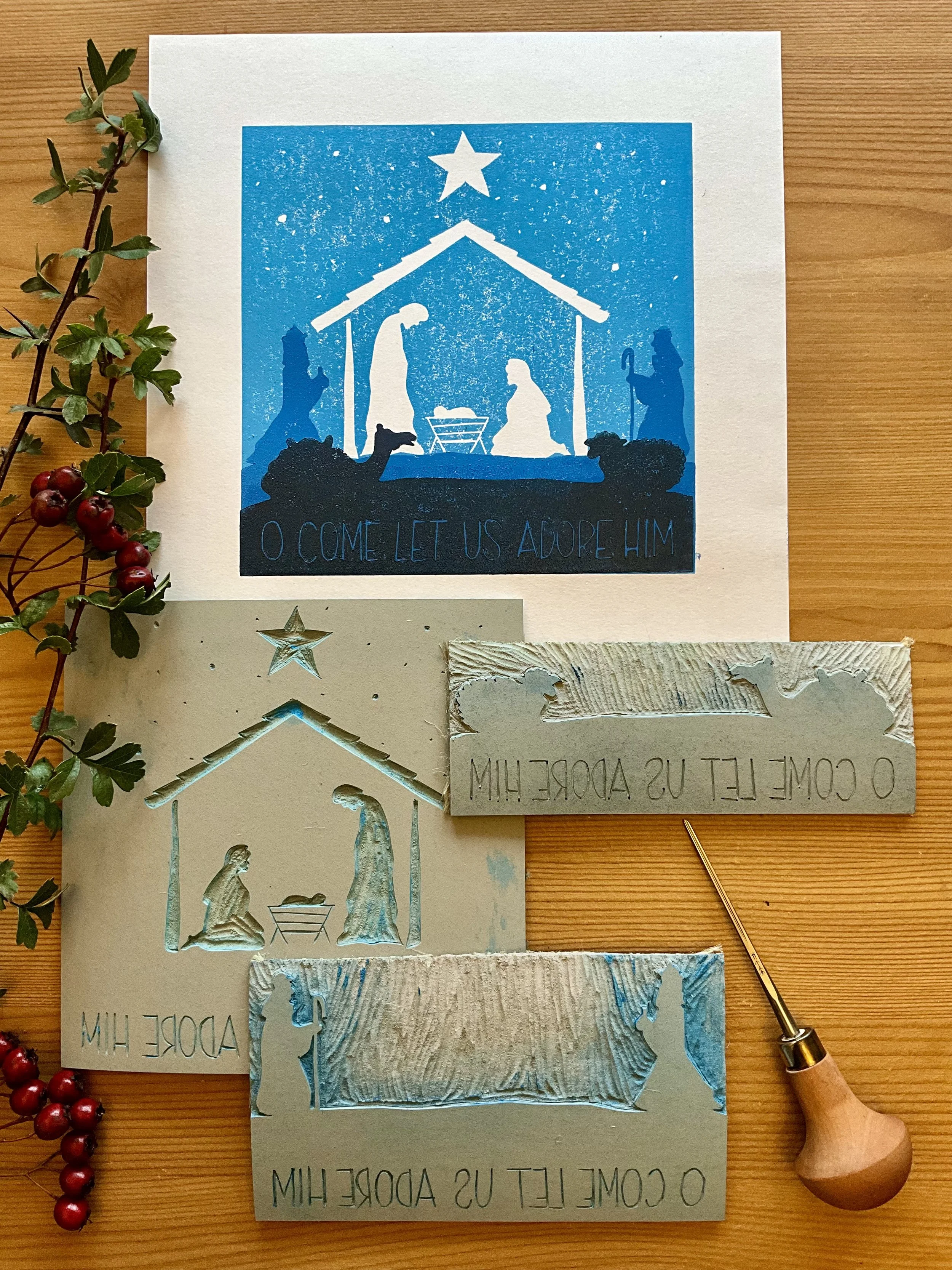 Nativity scene Christmas cards. Digitally printed from my original linocut artwork, with the three hand carved blocks shown here