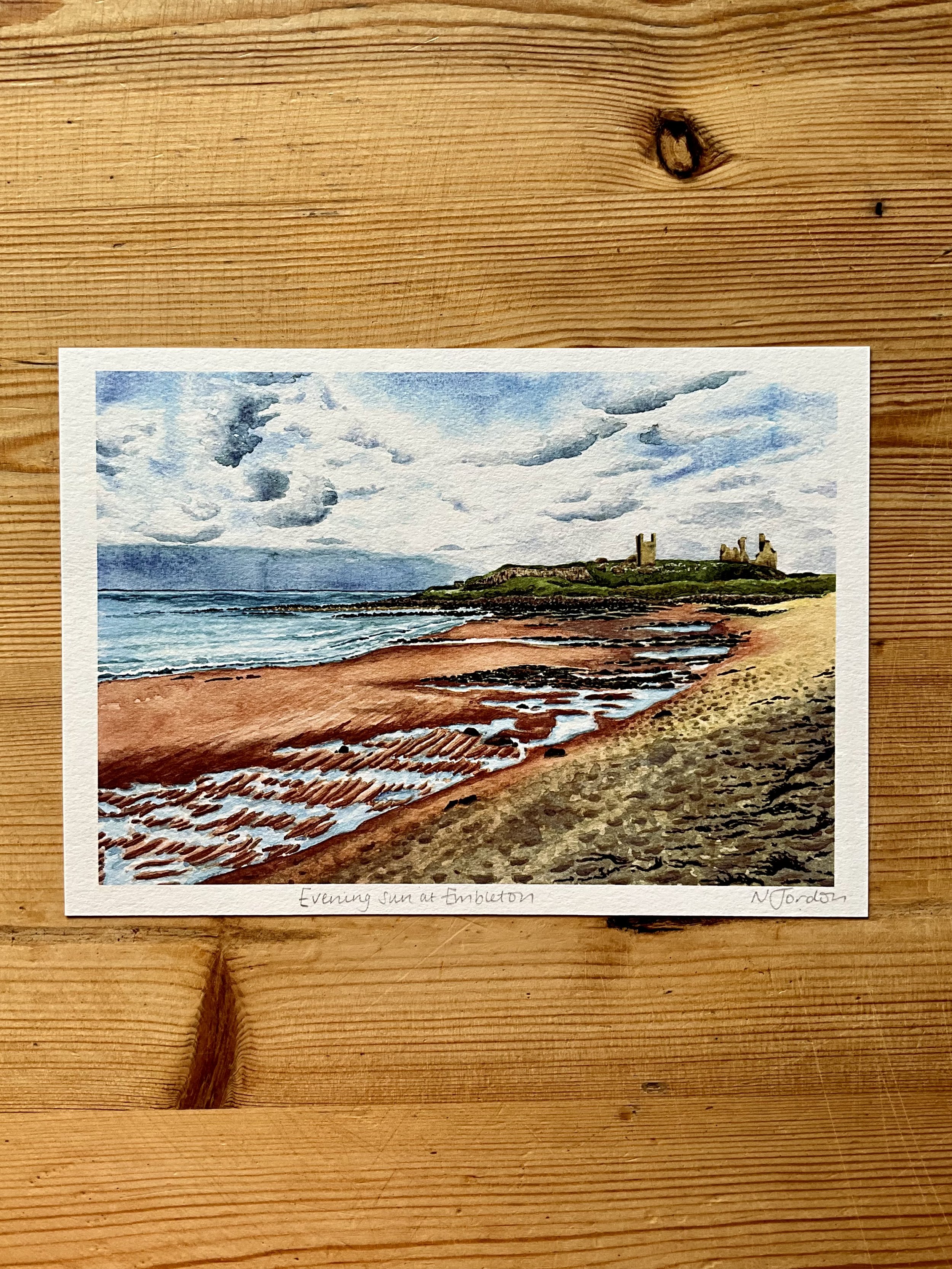 Art print of original ‘Evening sun at Embleton’ watercolour painting. Printed on textured paper, these are available in a range of sizes. A5 is shown here