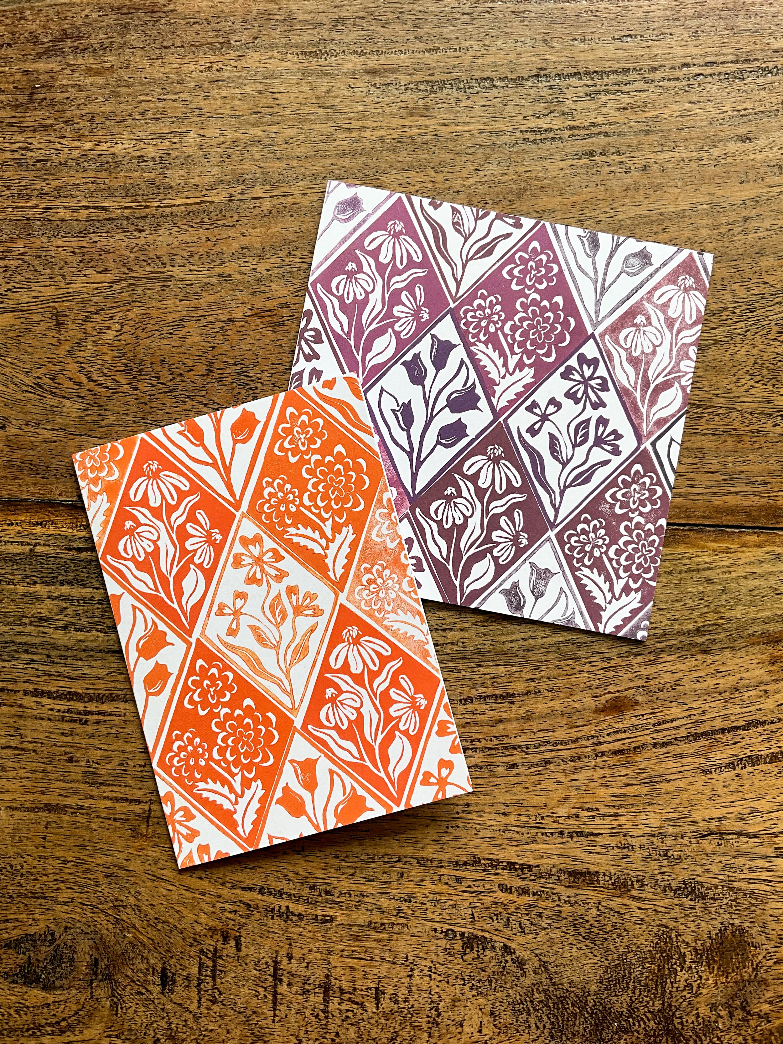 Photo of the two sizes of floral diamond greeting cards available - in A6 or square (140x140mm)
