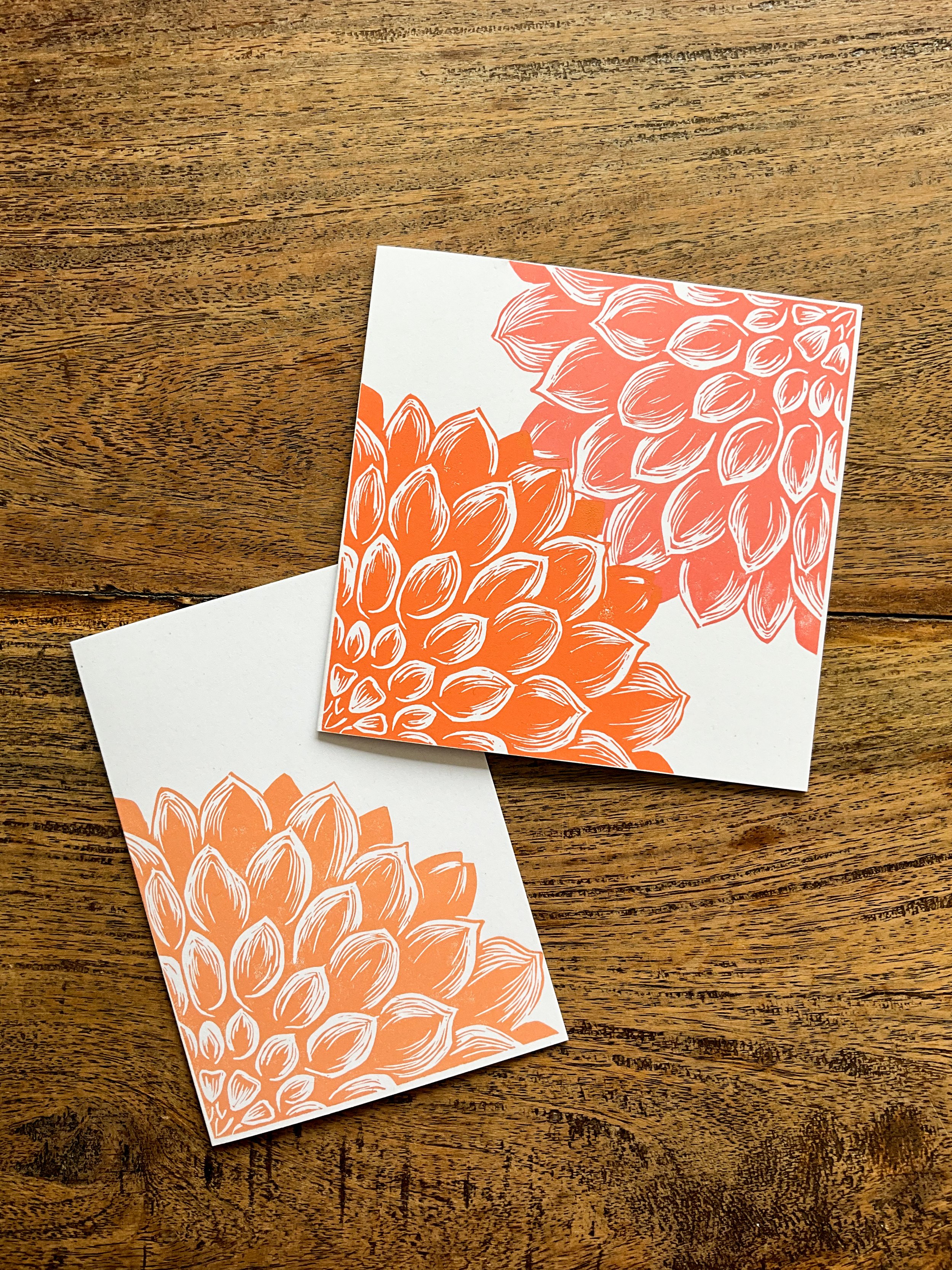Dahlia quarter linocut greeting cards, shown in the two sizes available - A6 and square