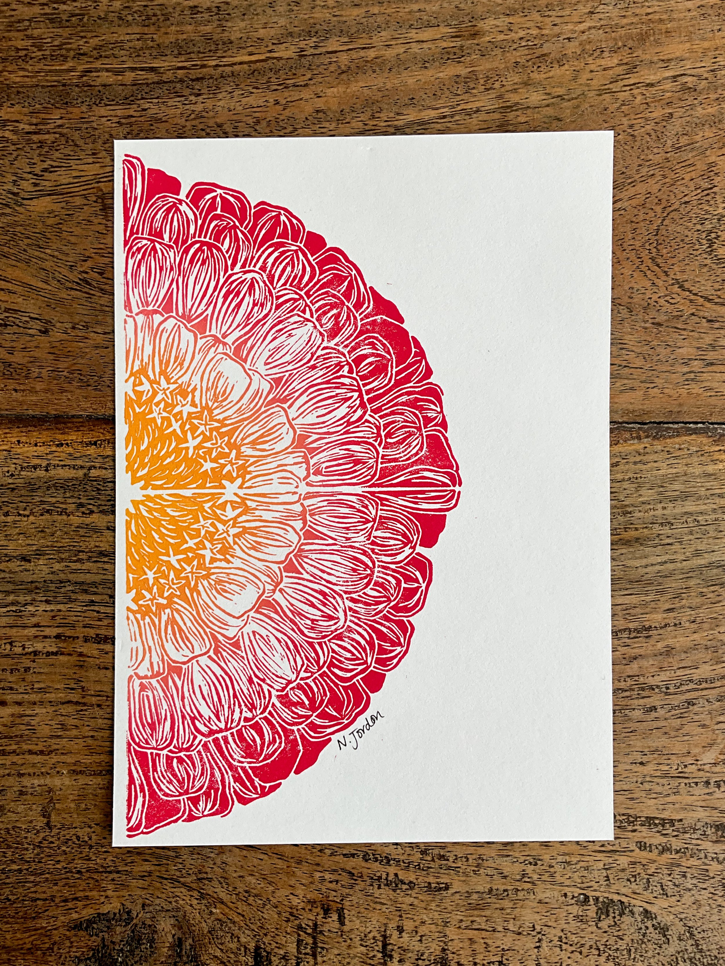 Print is ombré, from deep yellow inner of flower to pink/peach outer petals